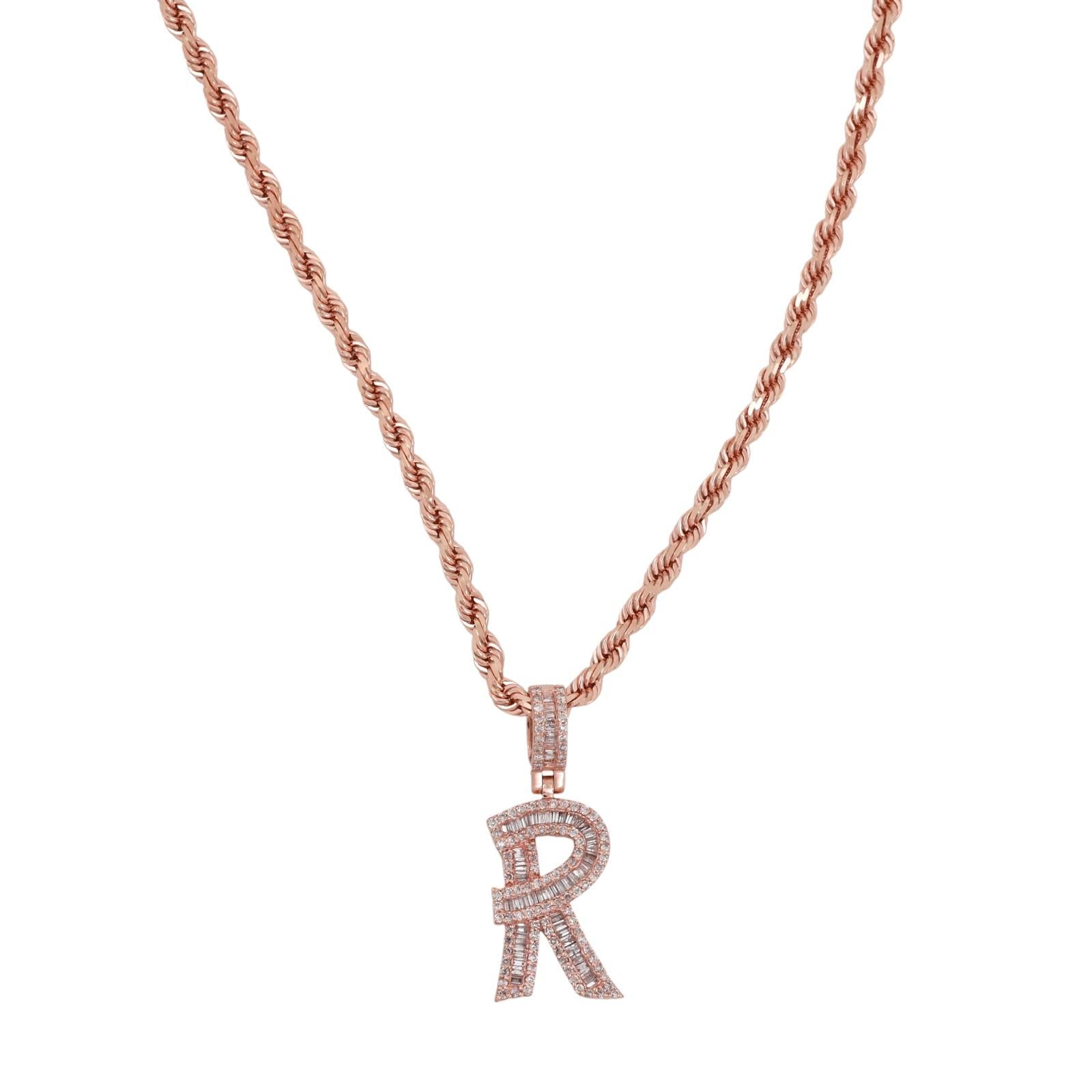 10K Rose Gold 1.00CTW Diamond Initial R Pendant 22" Rope Chain