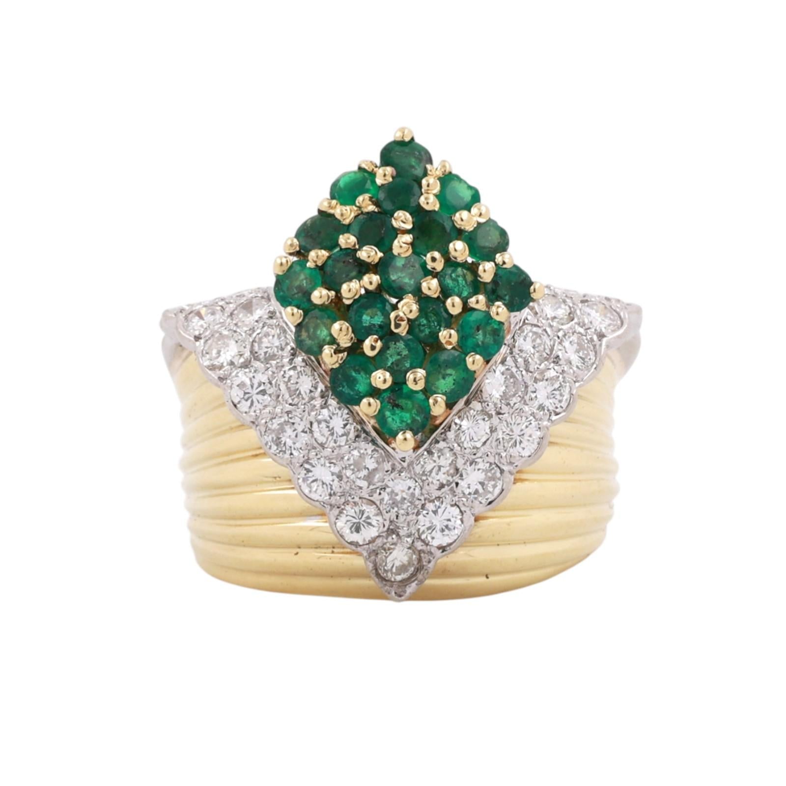 Two-Tone Gold 2.00CTW Diamond And 1.68CTW Emerald Cluster Navette Ring Size 9.75