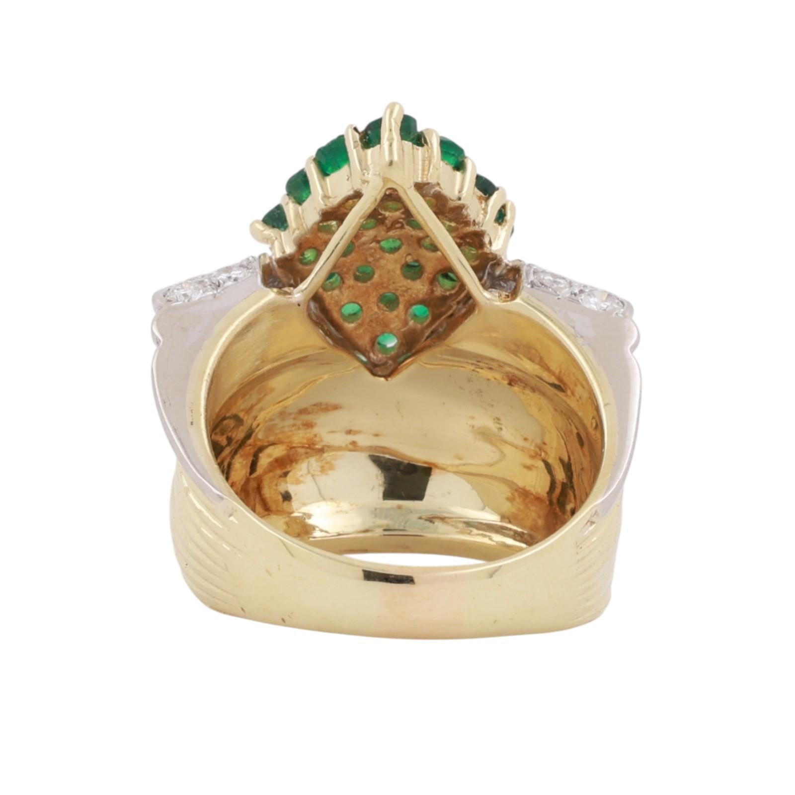 Two-Tone Gold 2.00CTW Diamond And 1.68CTW Emerald Cluster Navette Ring Size 9.75