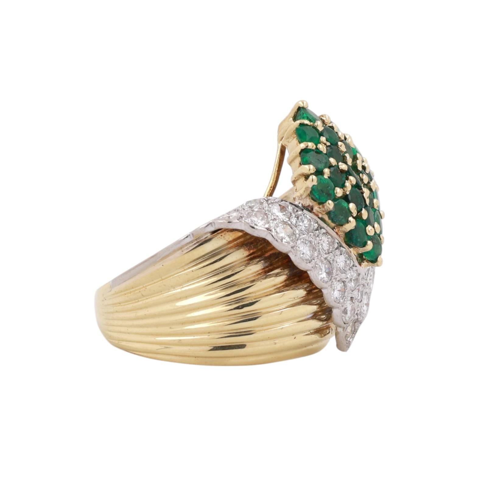 Two-Tone Gold 2.00CTW Diamond And 1.68CTW Emerald Cluster Navette Ring Size 9.75