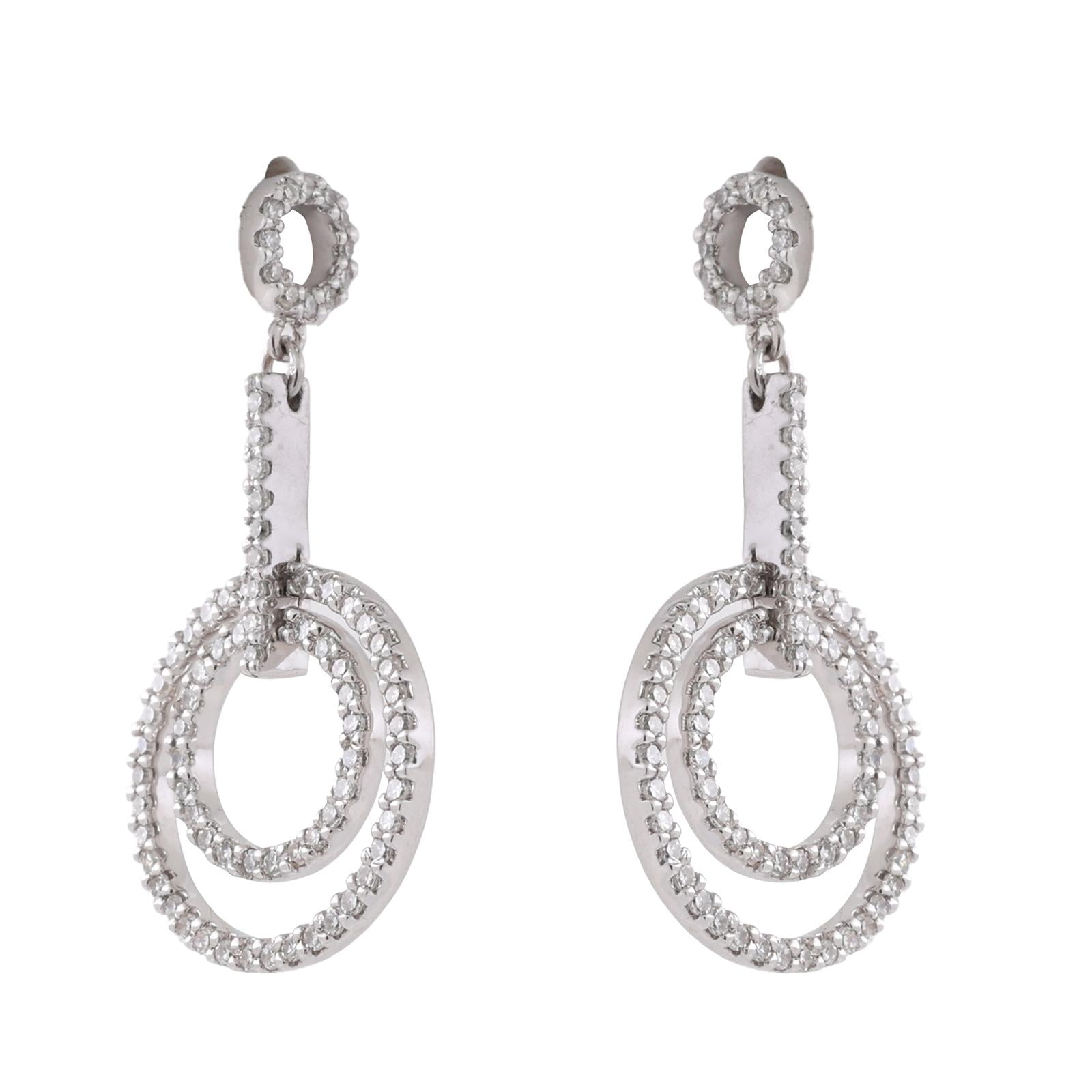 Double Circle Diamond Drop Dangle Earrings 0.75 TW White Gold 1.10" Ladies