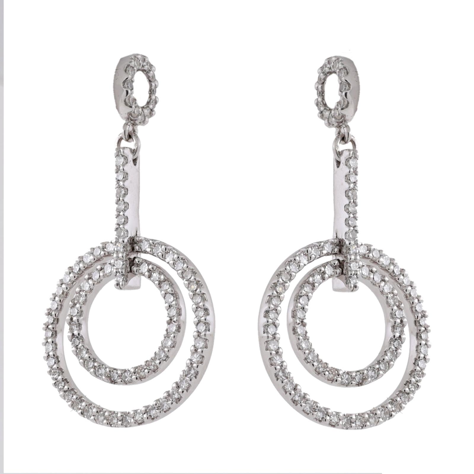 Double Circle Diamond Drop Dangle Earrings 0.75 TW White Gold 1.10" Ladies