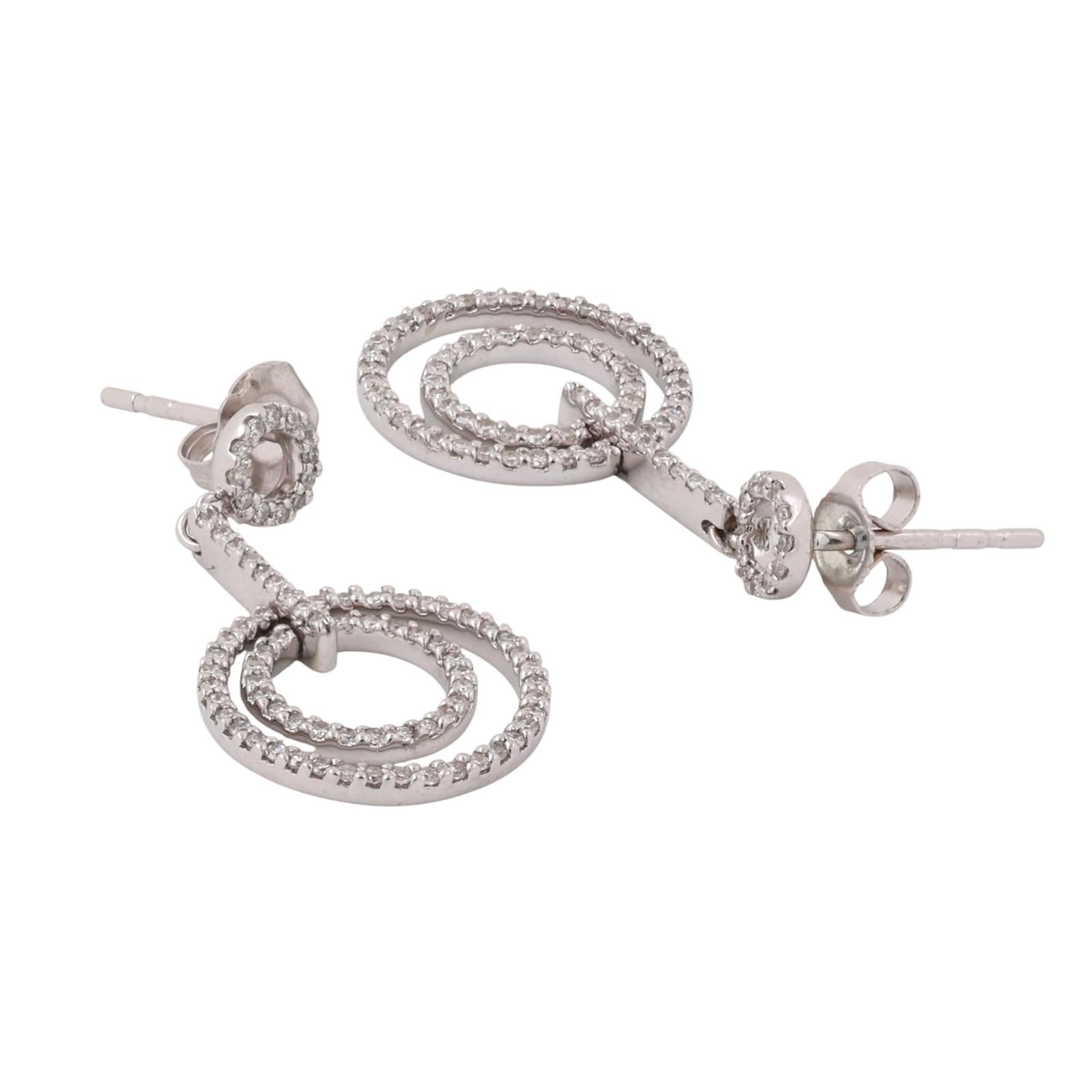 Double Circle Diamond Drop Dangle Earrings 0.75 TW White Gold 1.10" Ladies
