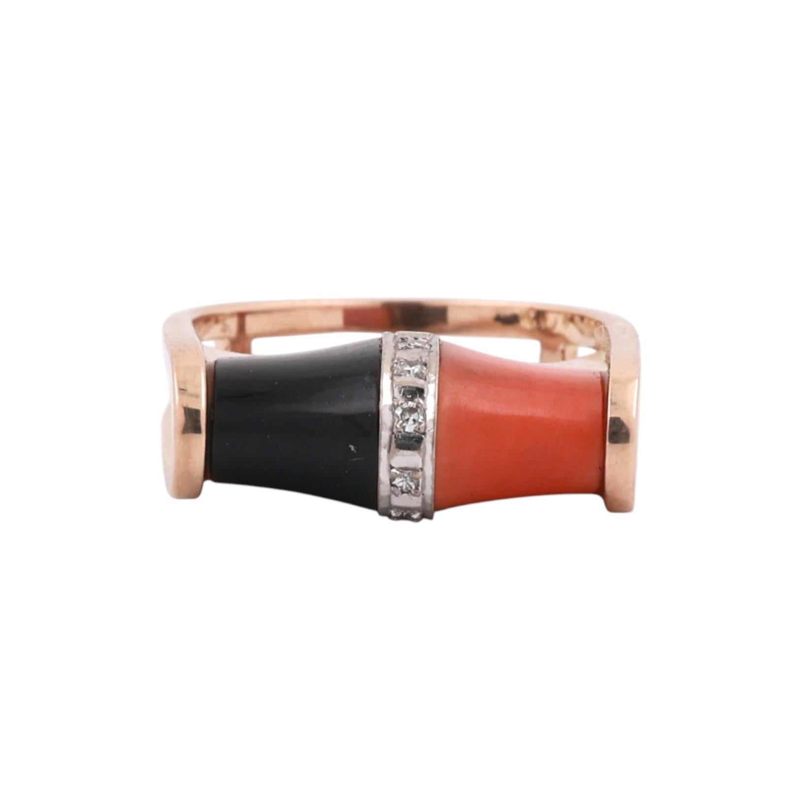 Vintage Momo Coral Black Onyx Diamond Statement Ring 14K Gold Size 7.5 Estate