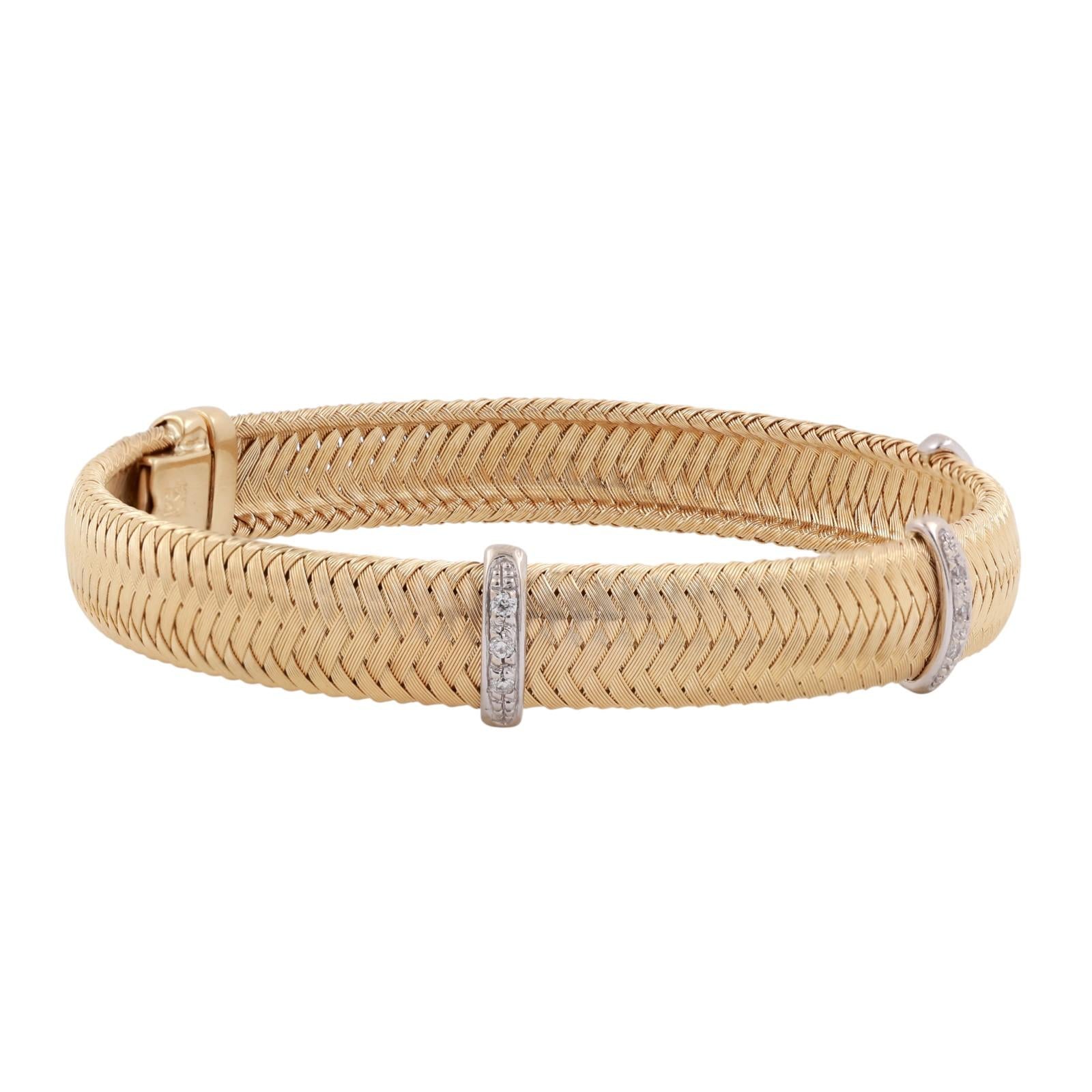 14K Gold Woven Basket Weave Diamond Station Wide Bracelet 0.18 TW 7.5" Ladies