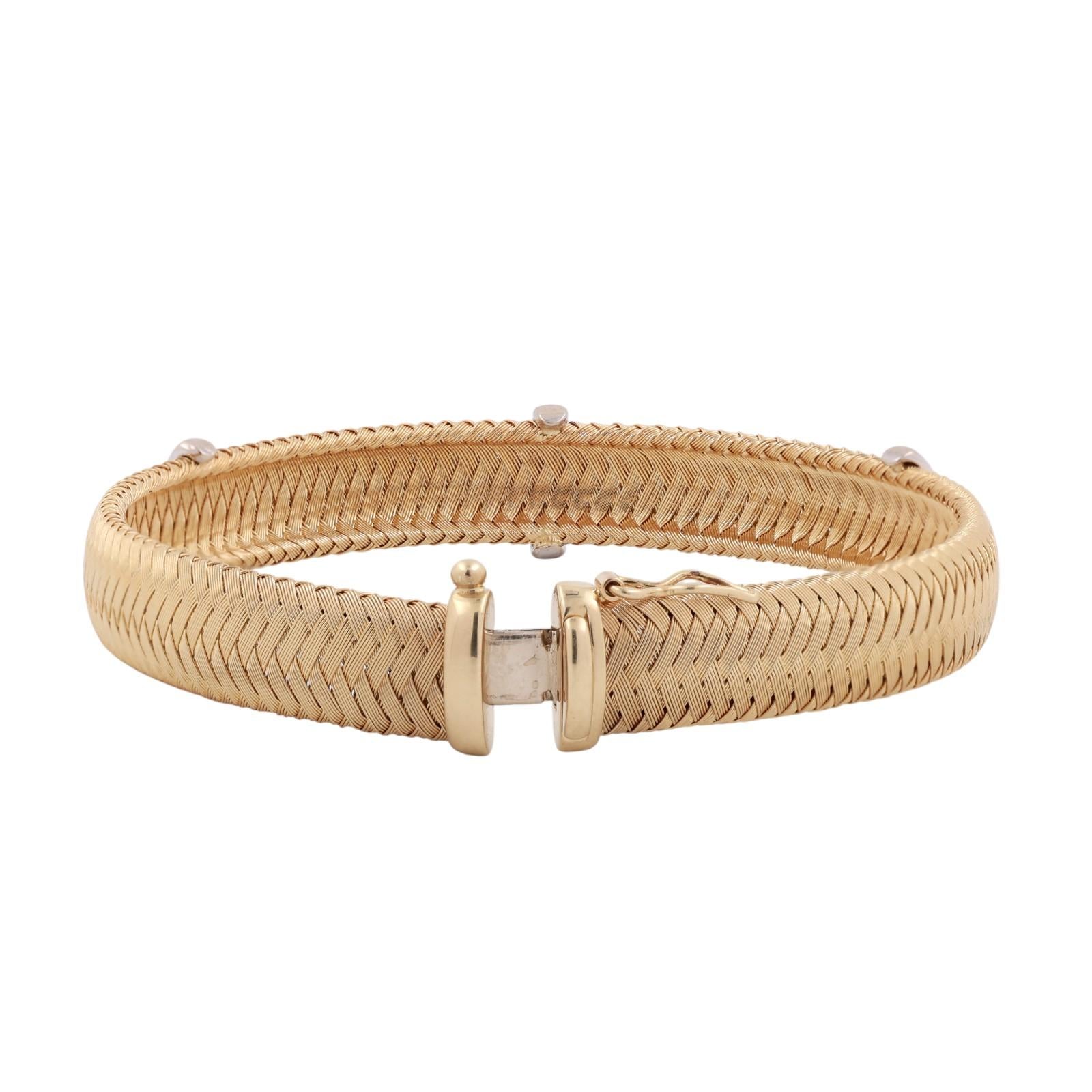 14K Gold Woven Basket Weave Diamond Station Wide Bracelet 0.18 TW 7.5" Ladies