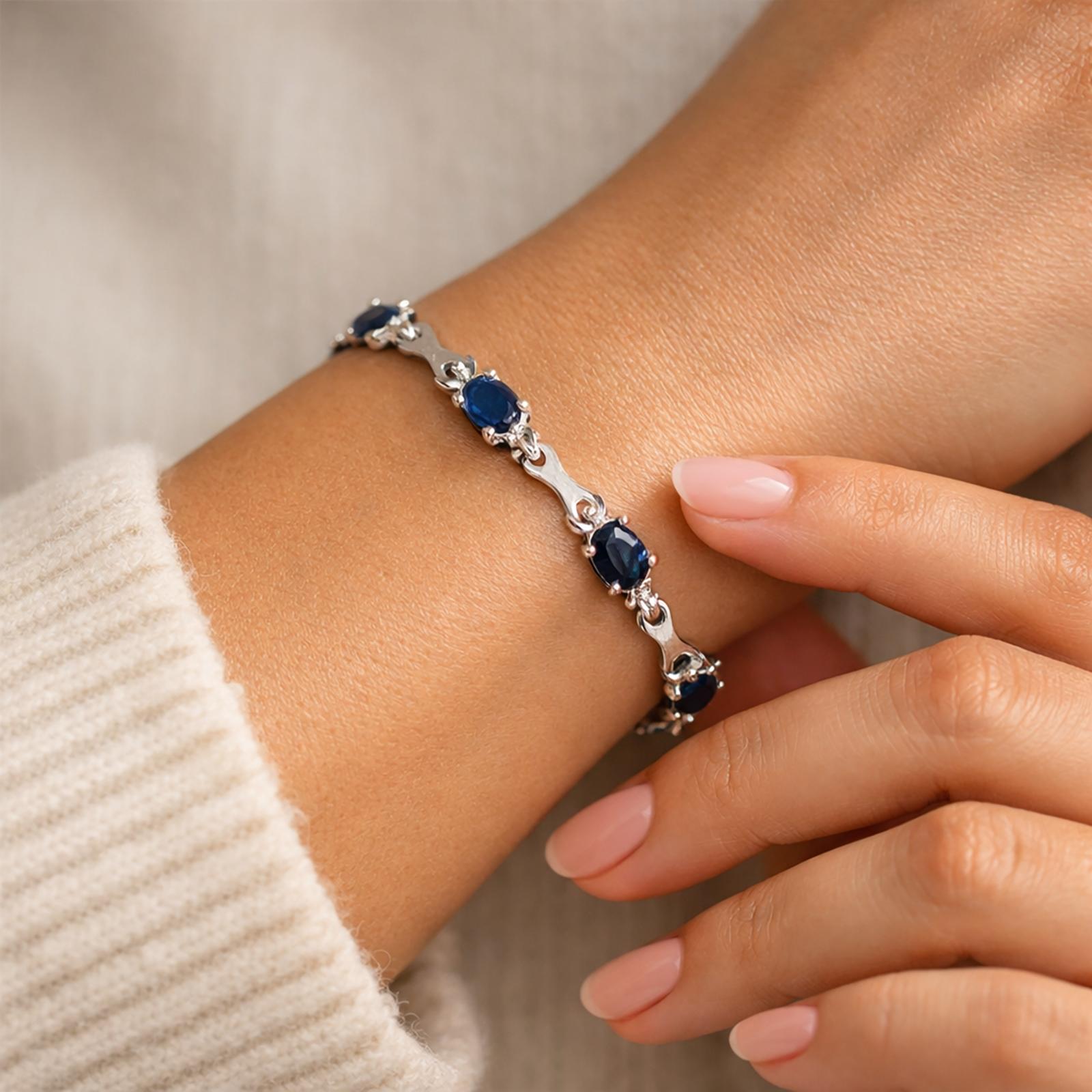 Blue Sapphire Diamond Station Bracelet 14K White Gold 6.05 CTW 7.25" Estate