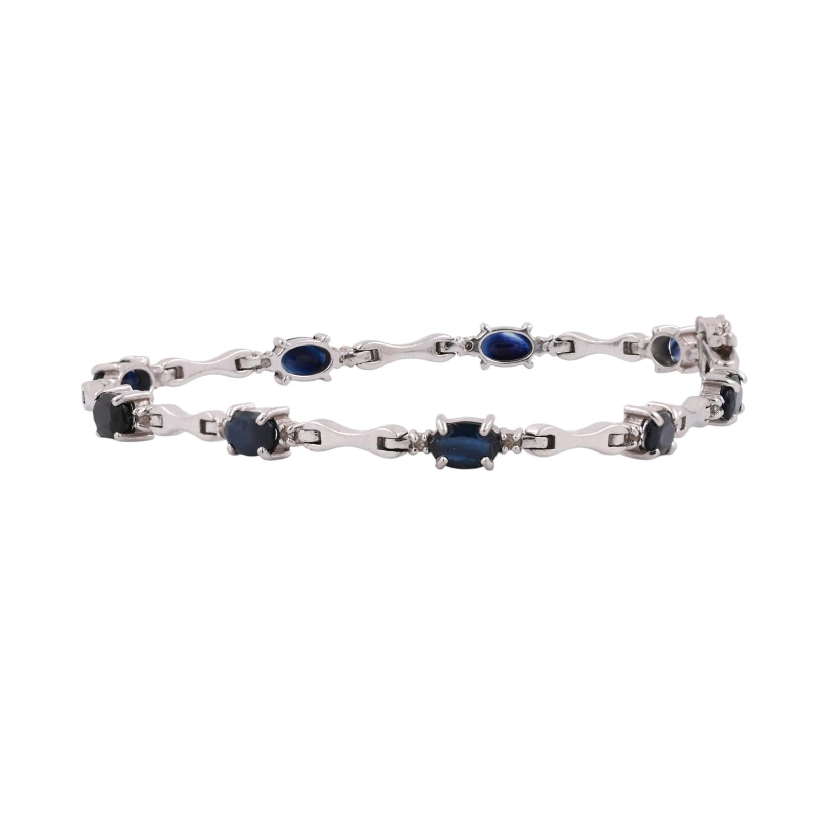 Blue Sapphire Diamond Station Bracelet 14K White Gold 6.05 CTW 7.25" Estate
