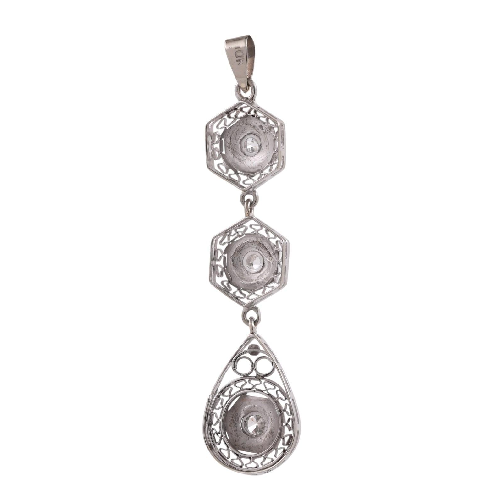 Art Deco Filigree Diamond Dangle Pendant 10K White Gold 0.45 TW 1.85" Ladies