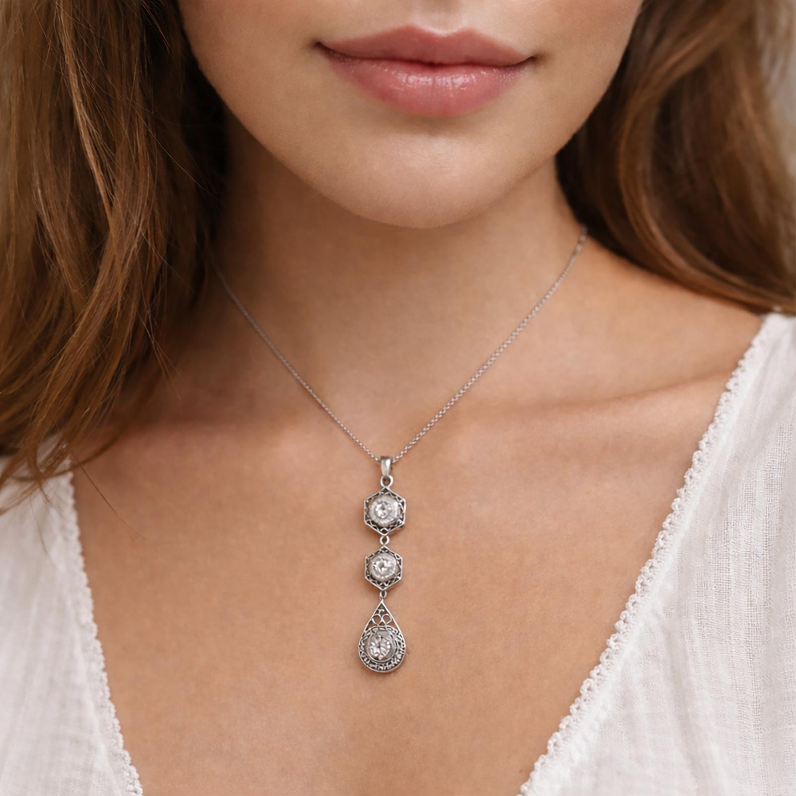 Art Deco Filigree Diamond Dangle Pendant 10K White Gold 0.45 TW 1.85" Ladies