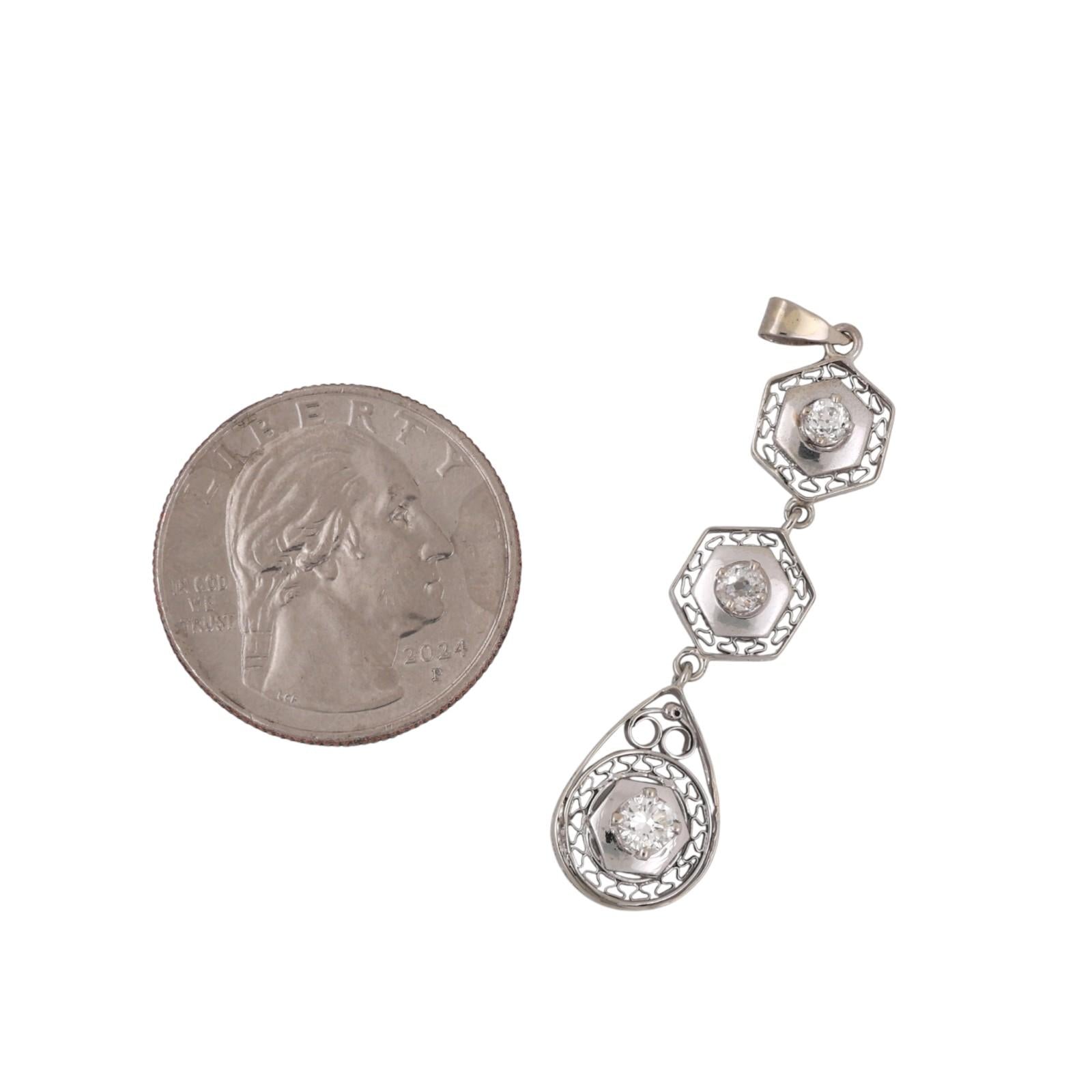 Art Deco Filigree Diamond Dangle Pendant 10K White Gold 0.45 TW 1.85" Ladies