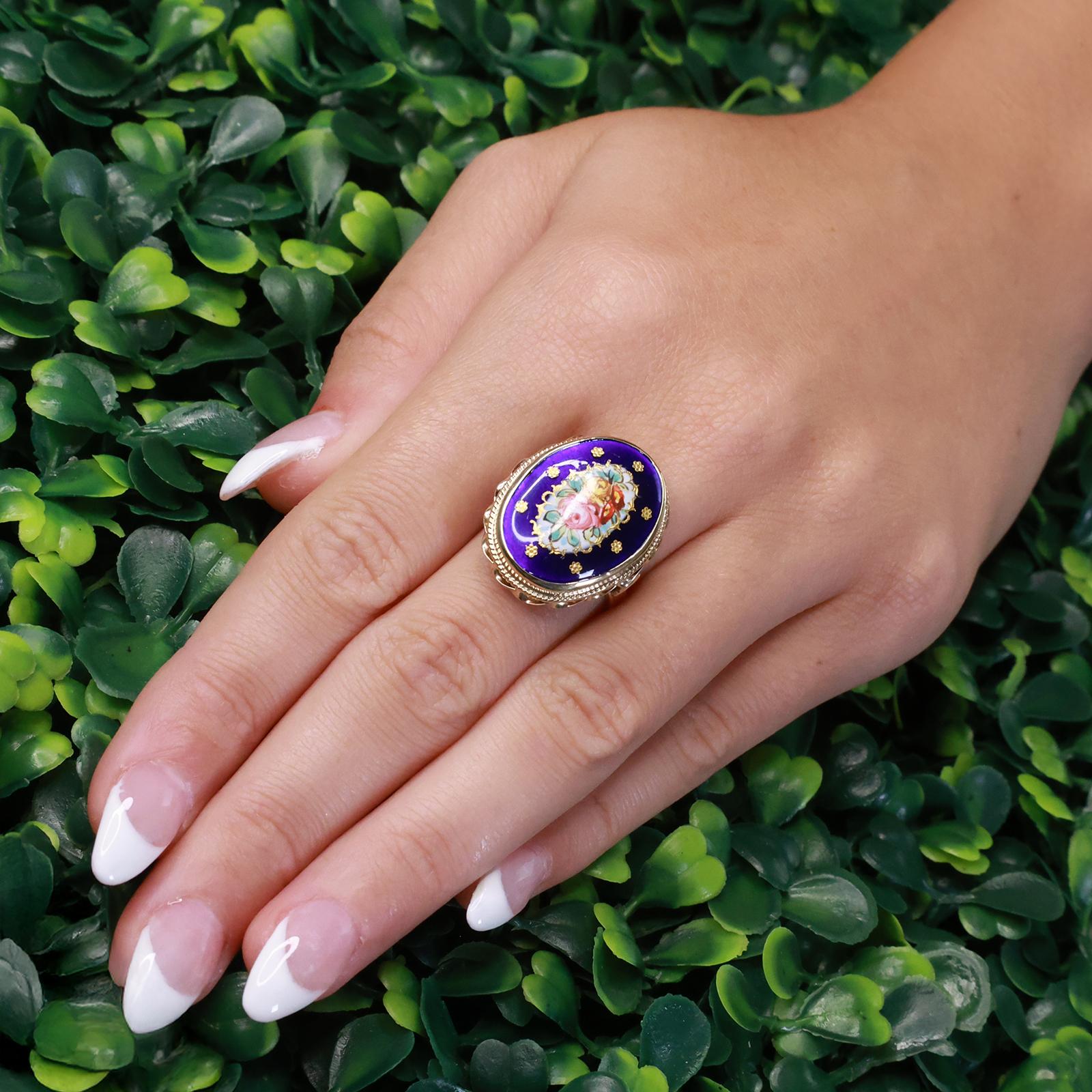 Vintage Blue Enamel France Royal Floral Ring Yellow Gold Large Oval Size 5.75