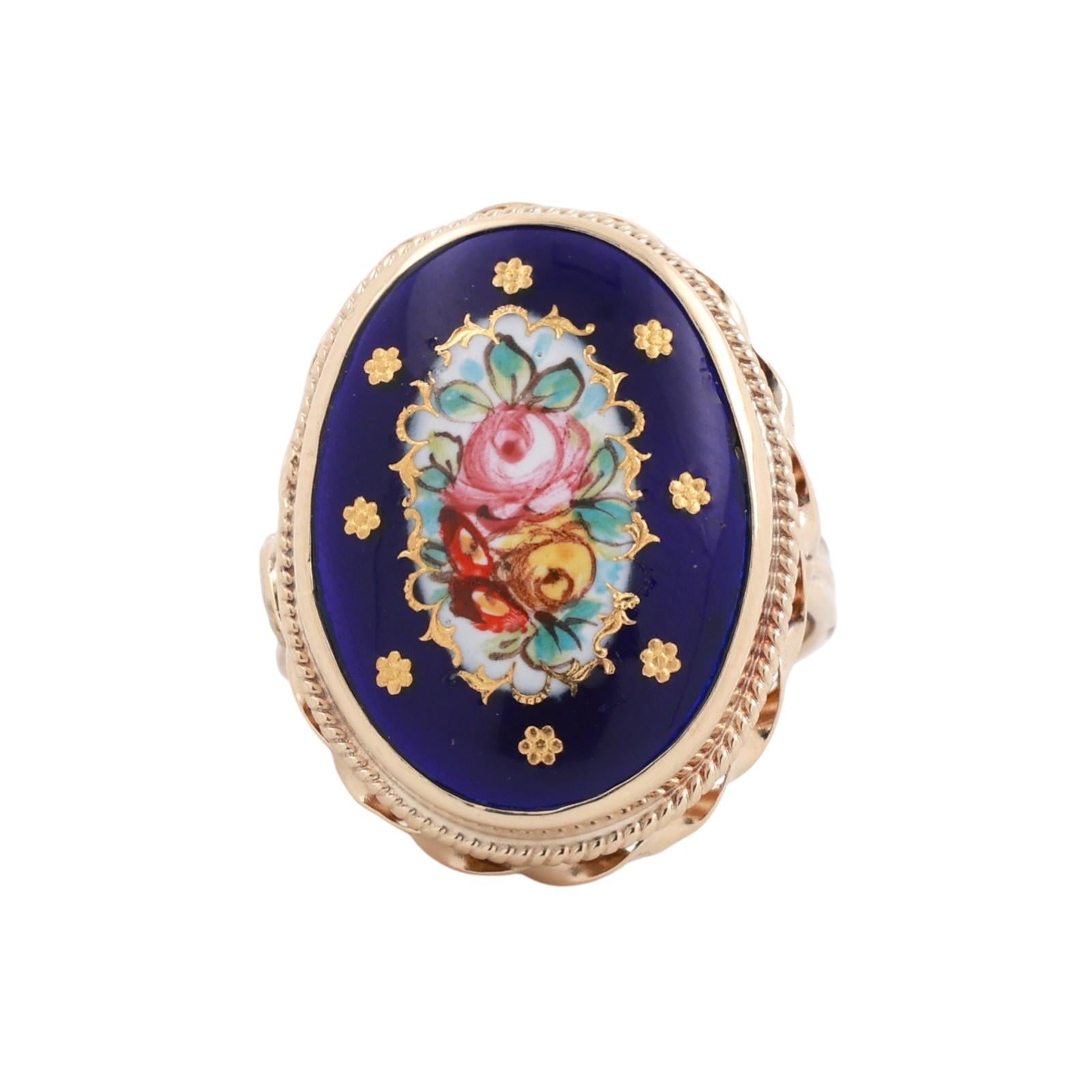 Vintage Blue Enamel France Royal Floral Ring Yellow Gold Large Oval Size 5.75