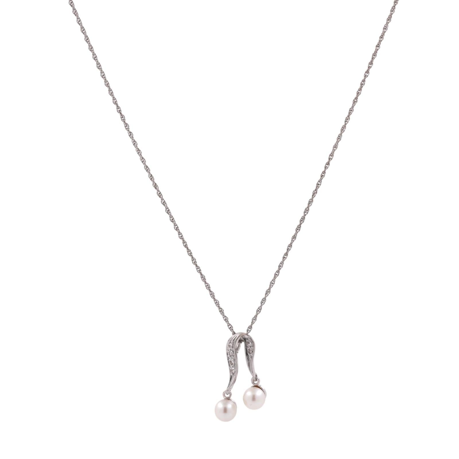 Vintage Akoya Pearl Diamond Dangle Pendant Chain Necklace White Gold 16" Ladies