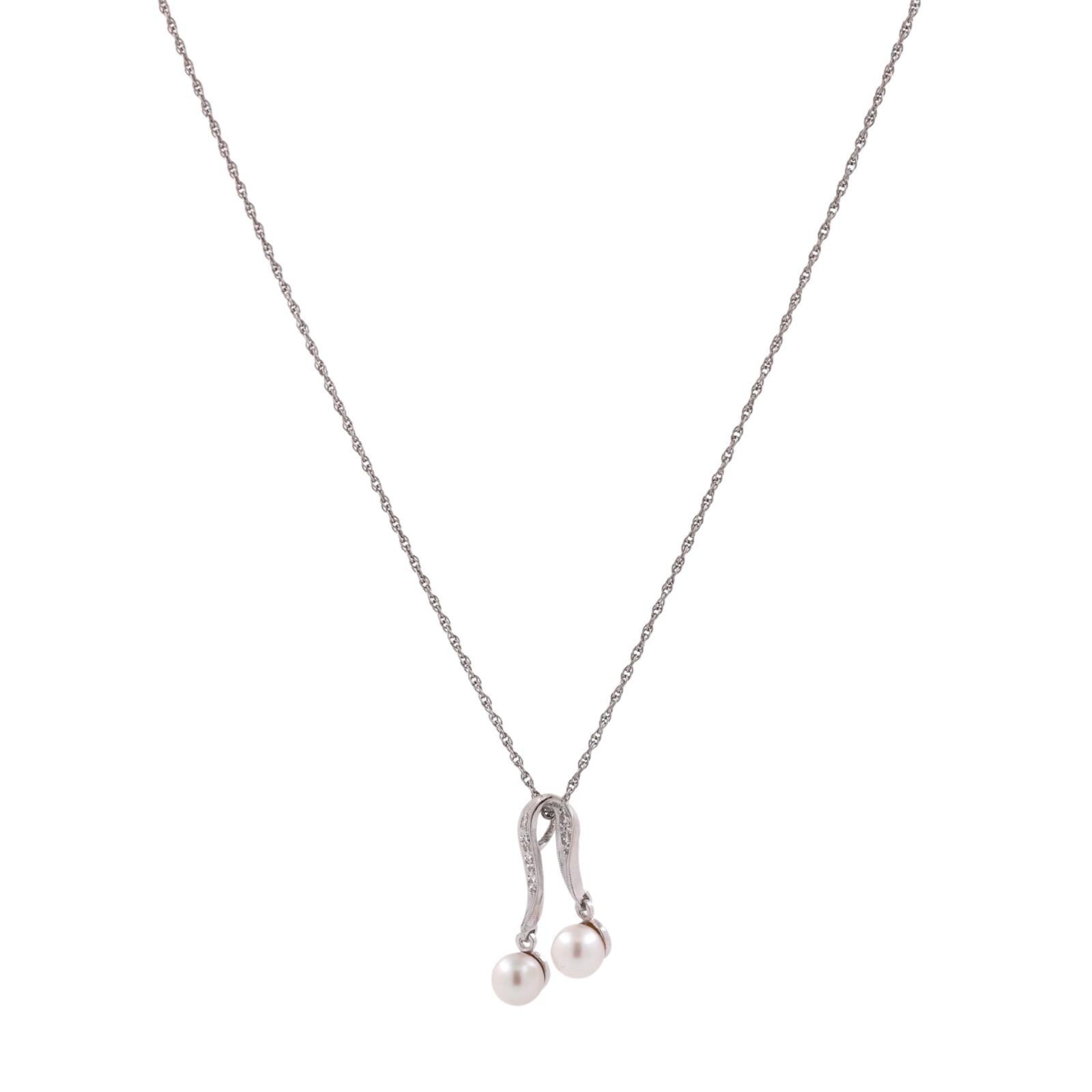 Vintage Akoya Pearl Diamond Dangle Pendant Chain Necklace White Gold 16" Ladies