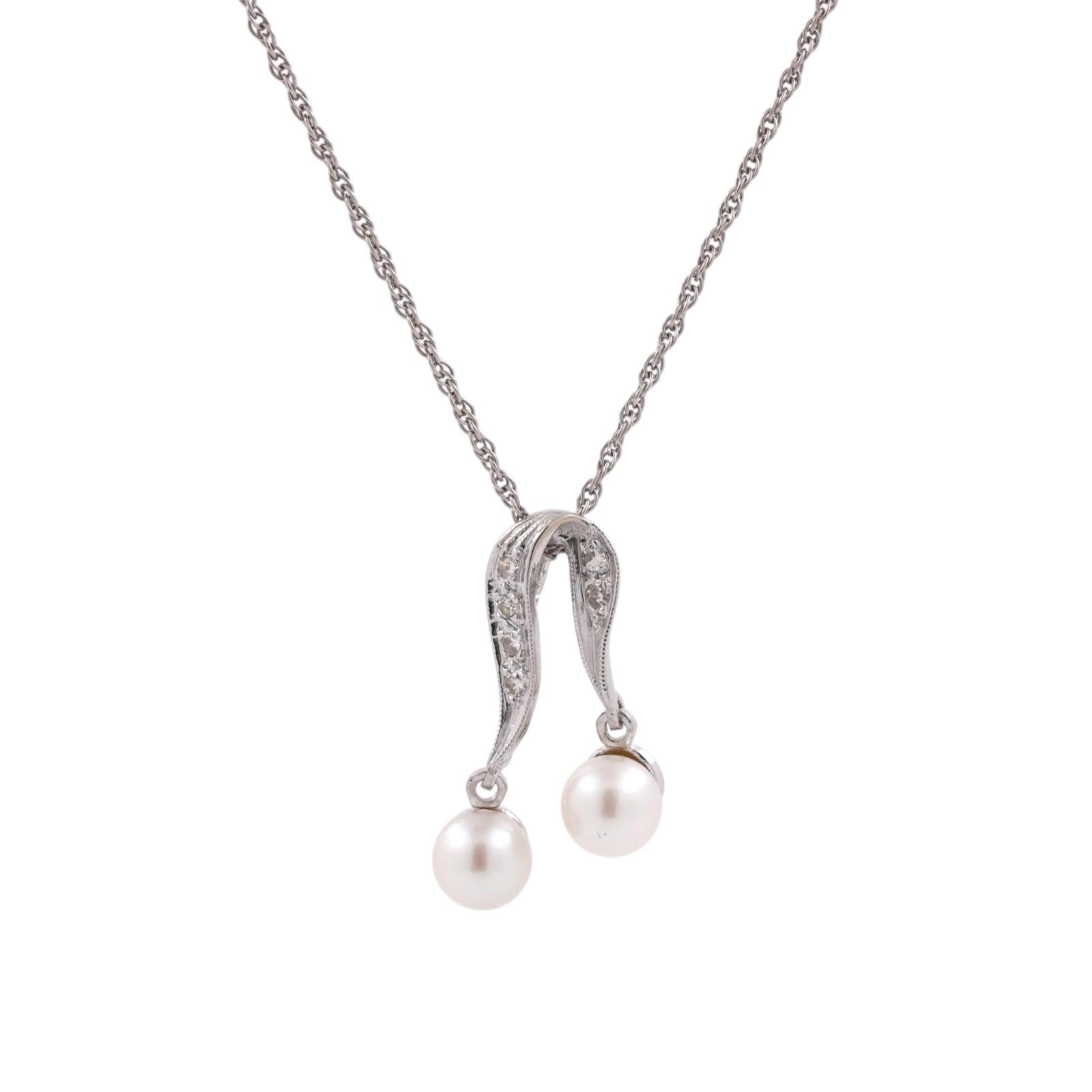 Vintage Akoya Pearl Diamond Dangle Pendant Chain Necklace White Gold 16" Ladies