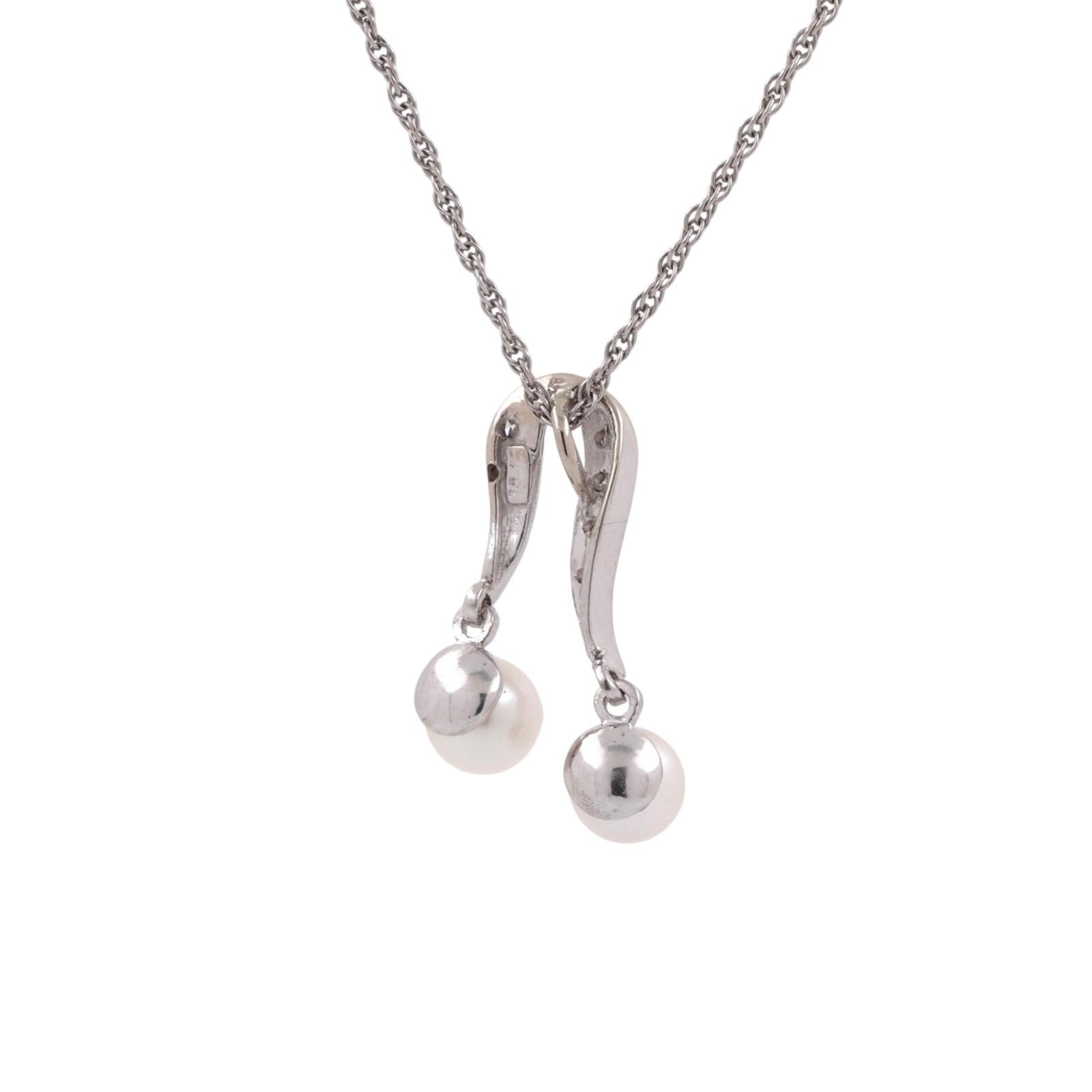 Vintage Akoya Pearl Diamond Dangle Pendant Chain Necklace White Gold 16" Ladies