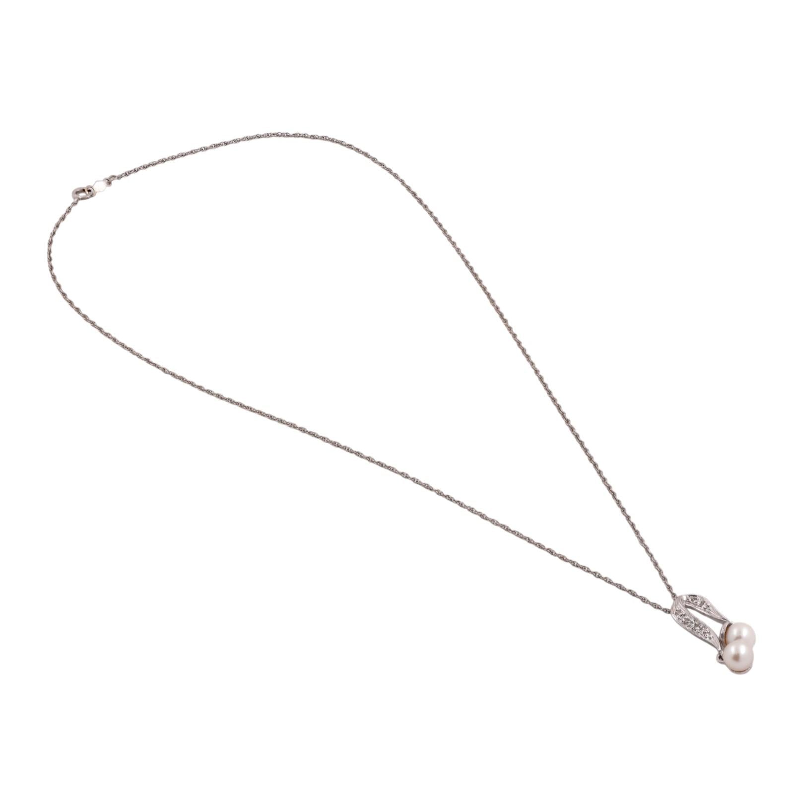 Vintage Akoya Pearl Diamond Dangle Pendant Chain Necklace White Gold 16" Ladies
