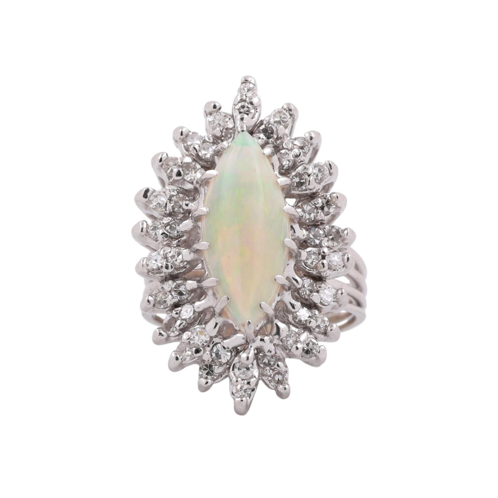 Vintage White Gold Marquise Opal Diamond Halo Cocktail Ring 3.37CTW Size 7.5