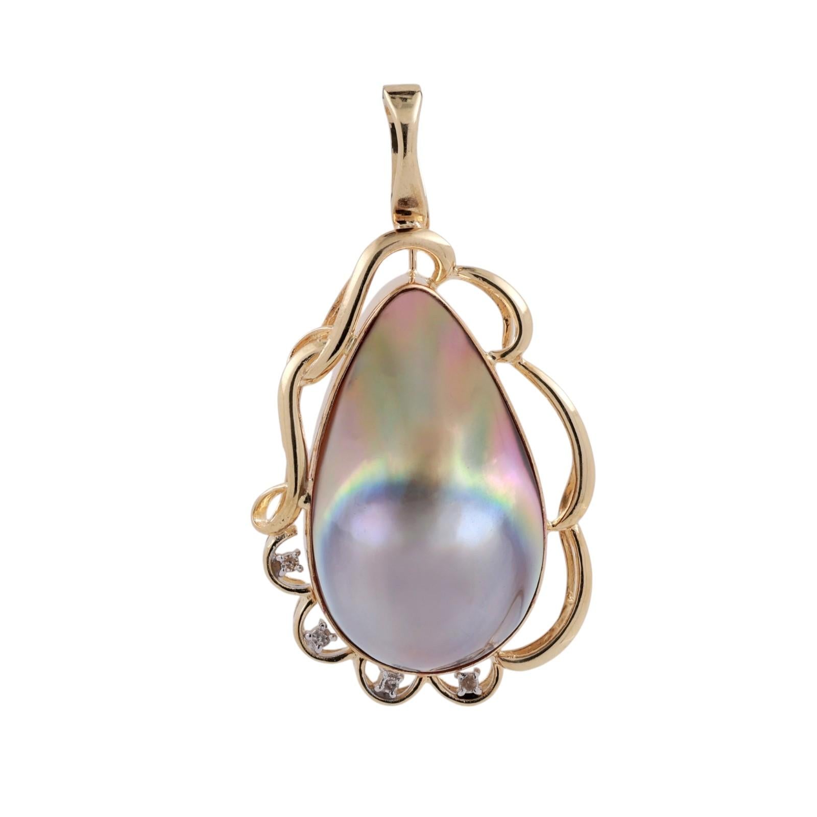 Vintage Mabe Pearl Diamond Teardrop Pendant 14K Yellow Gold Snap Clasp 1.95"