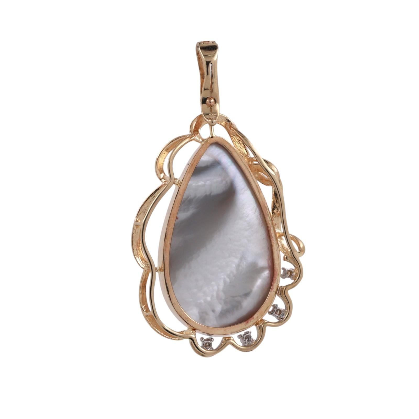 Vintage Mabe Pearl Diamond Teardrop Pendant 14K Yellow Gold Snap Clasp 1.95"