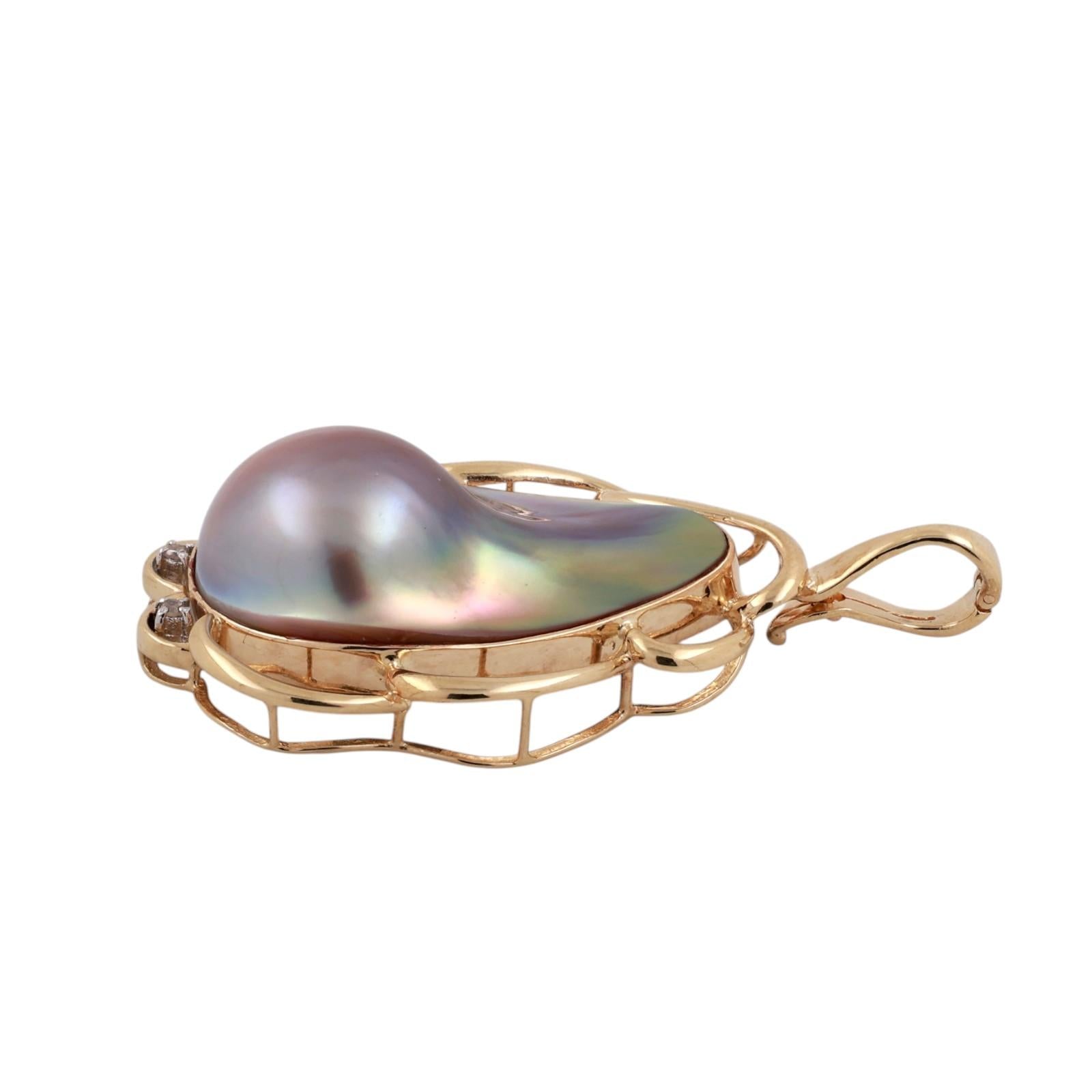 Vintage Mabe Pearl Diamond Teardrop Pendant 14K Yellow Gold Snap Clasp 1.95"