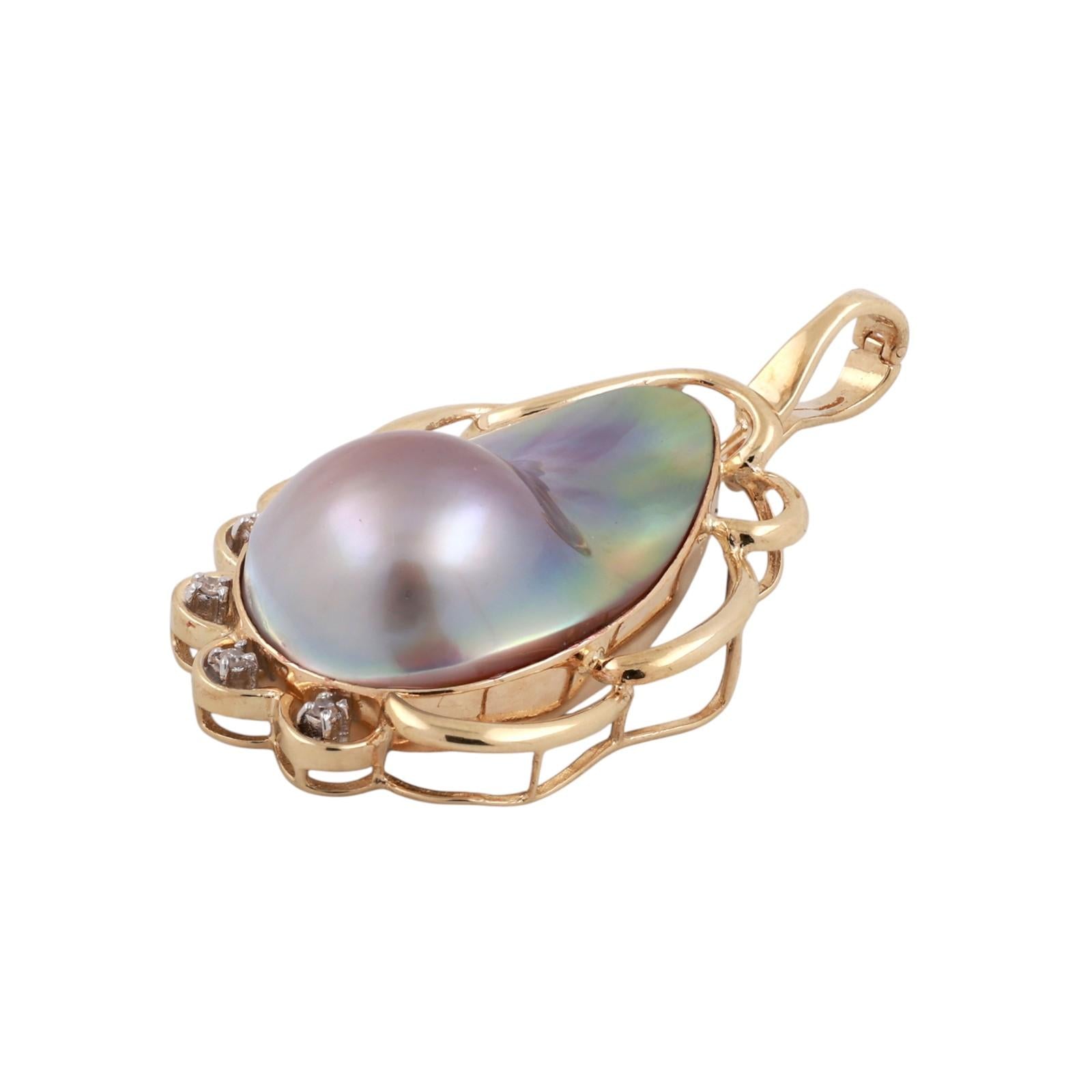 Vintage Mabe Pearl Diamond Teardrop Pendant 14K Yellow Gold Snap Clasp 1.95"