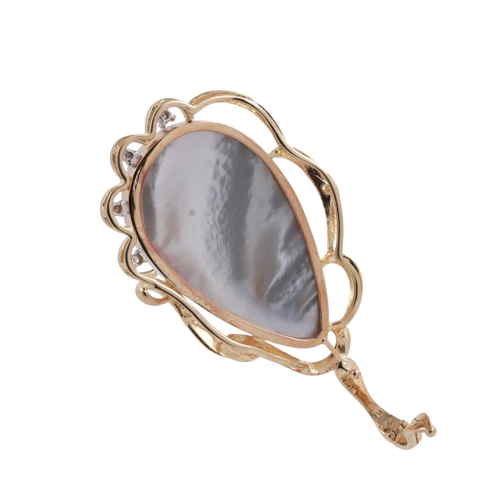 Vintage Mabe Pearl Diamond Teardrop Pendant 14K Yellow Gold Snap Clasp 1.95"
