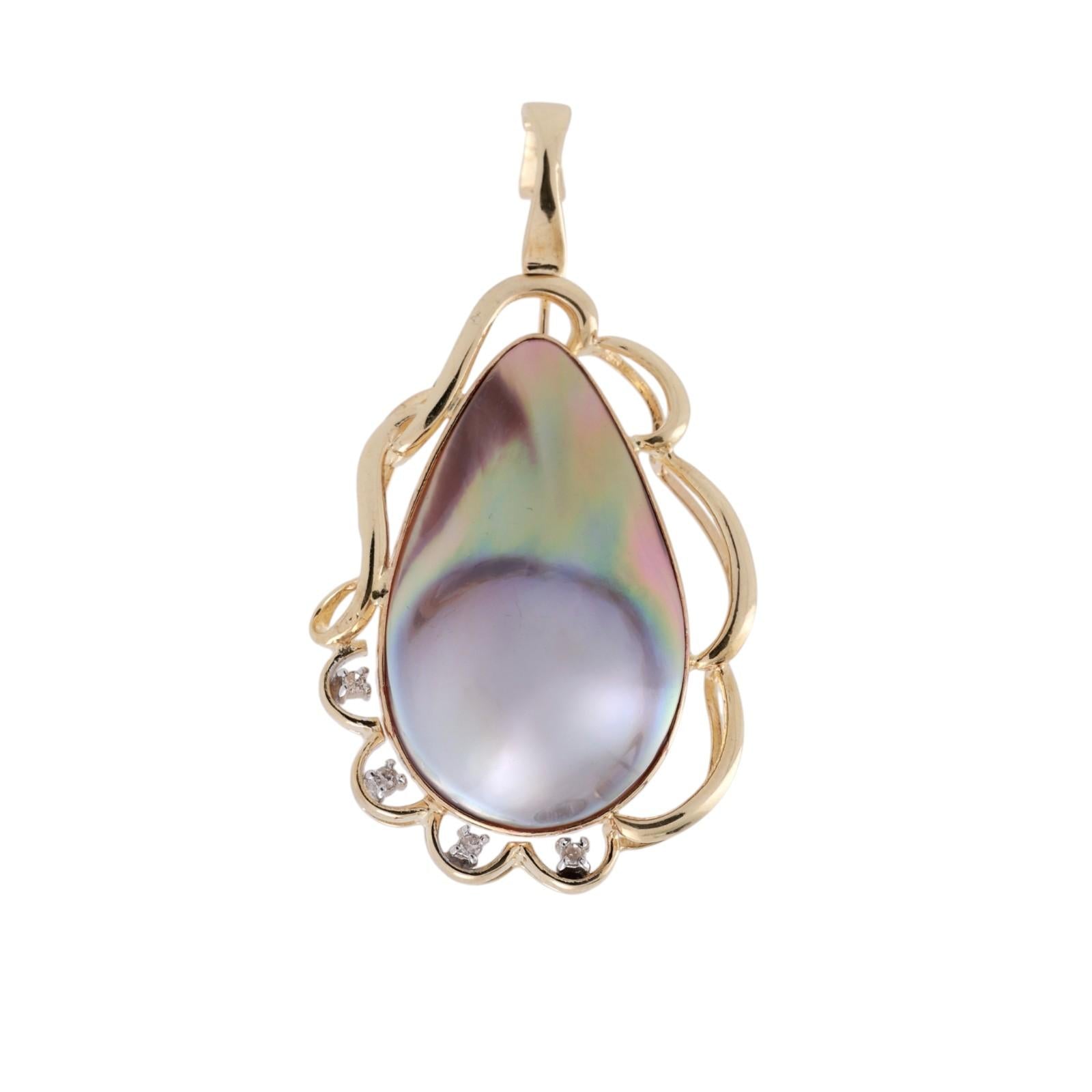 Vintage Mabe Pearl Diamond Teardrop Pendant 14K Yellow Gold Snap Clasp 1.95"