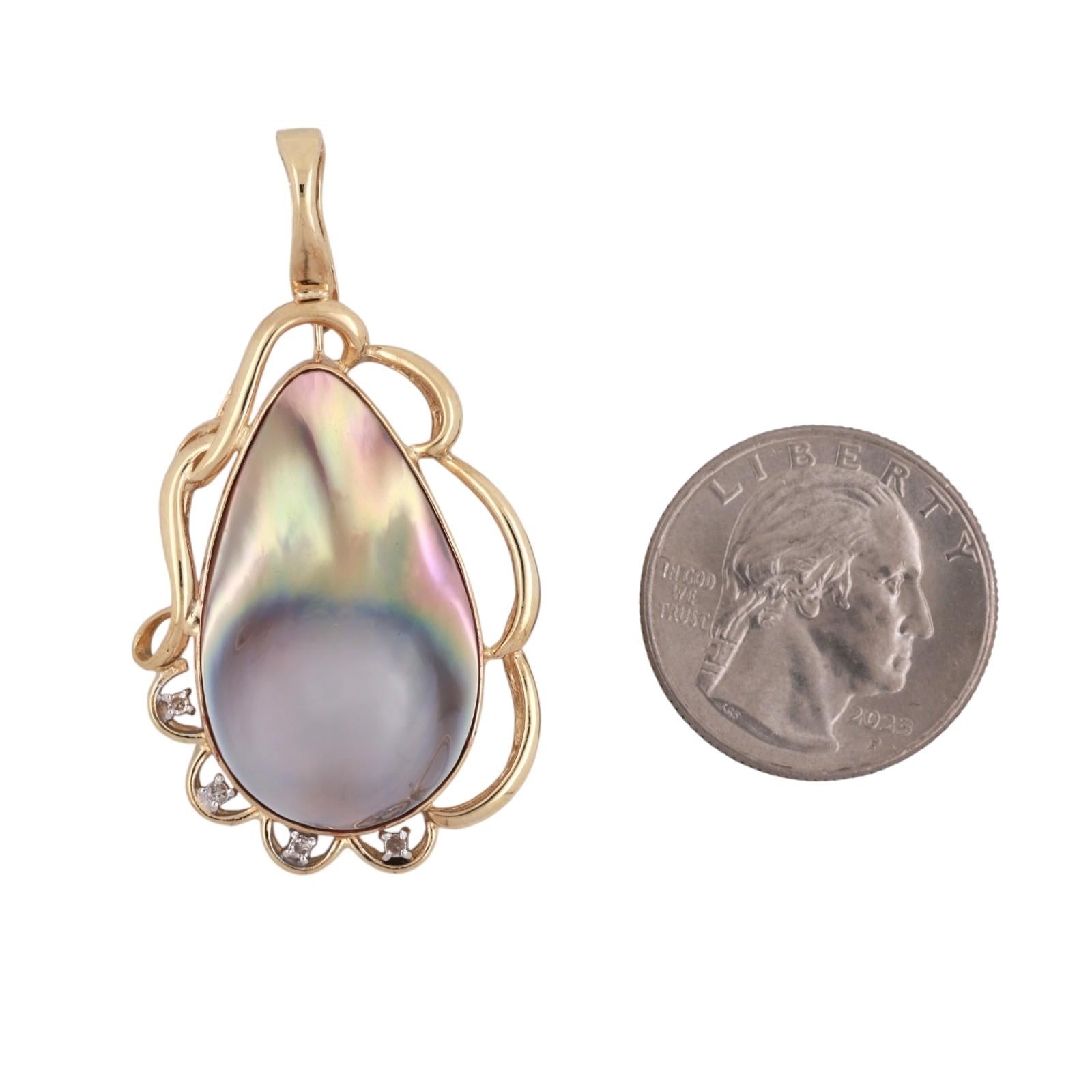 Vintage Mabe Pearl Diamond Teardrop Pendant 14K Yellow Gold Snap Clasp 1.95"