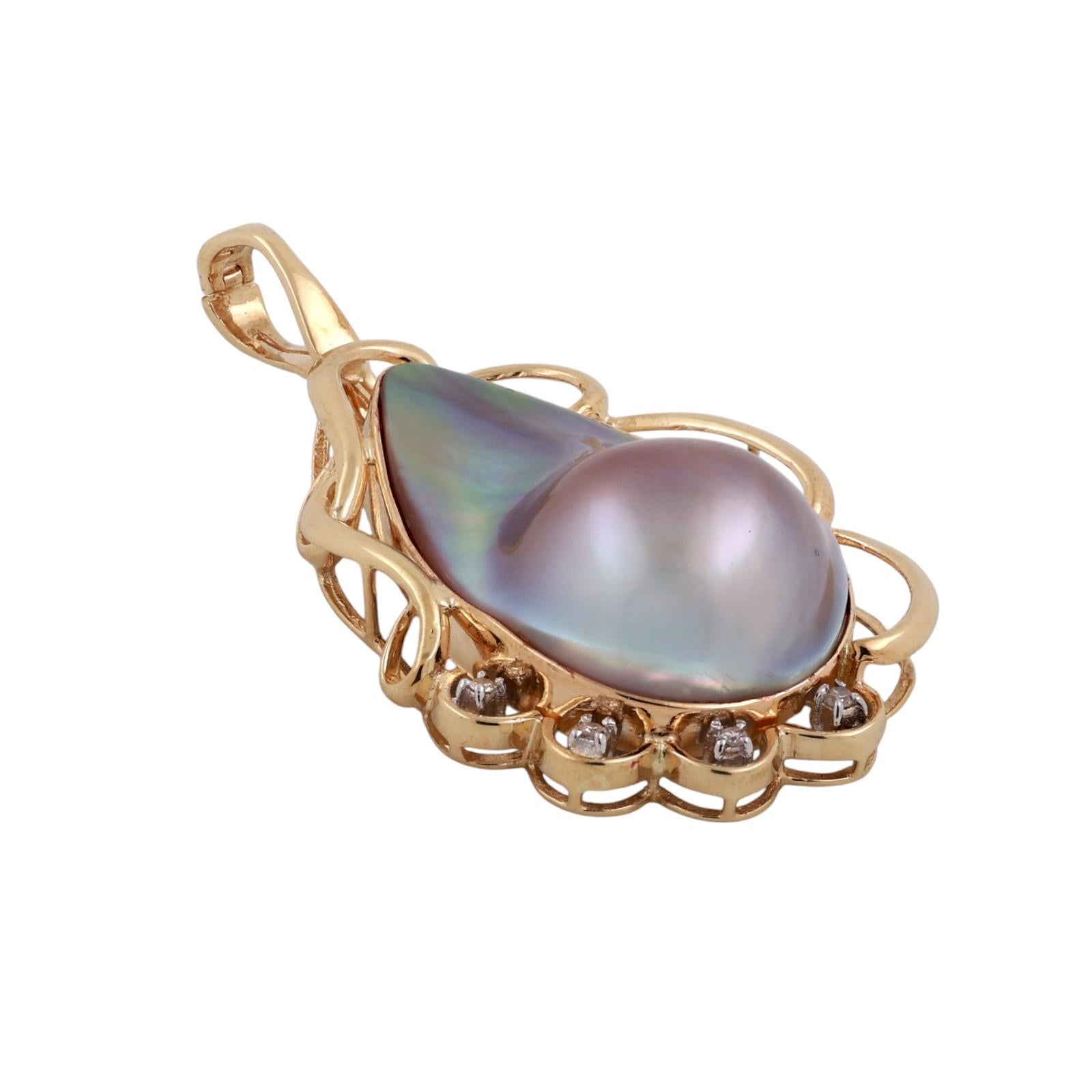 Vintage Mabe Pearl Diamond Teardrop Pendant 14K Yellow Gold Snap Clasp 1.95"