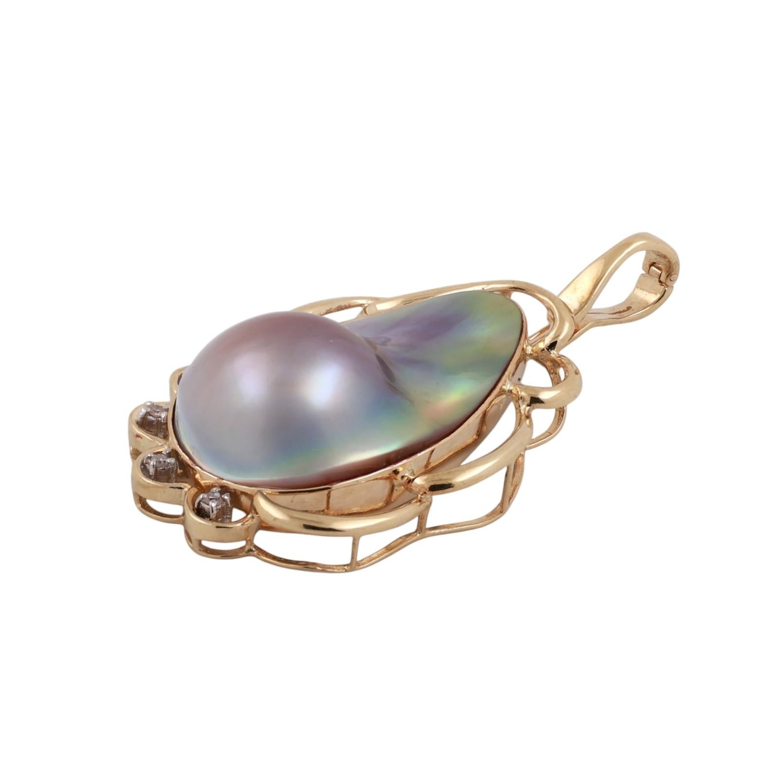 Vintage Mabe Pearl Diamond Teardrop Pendant 14K Yellow Gold Snap Clasp 1.95"
