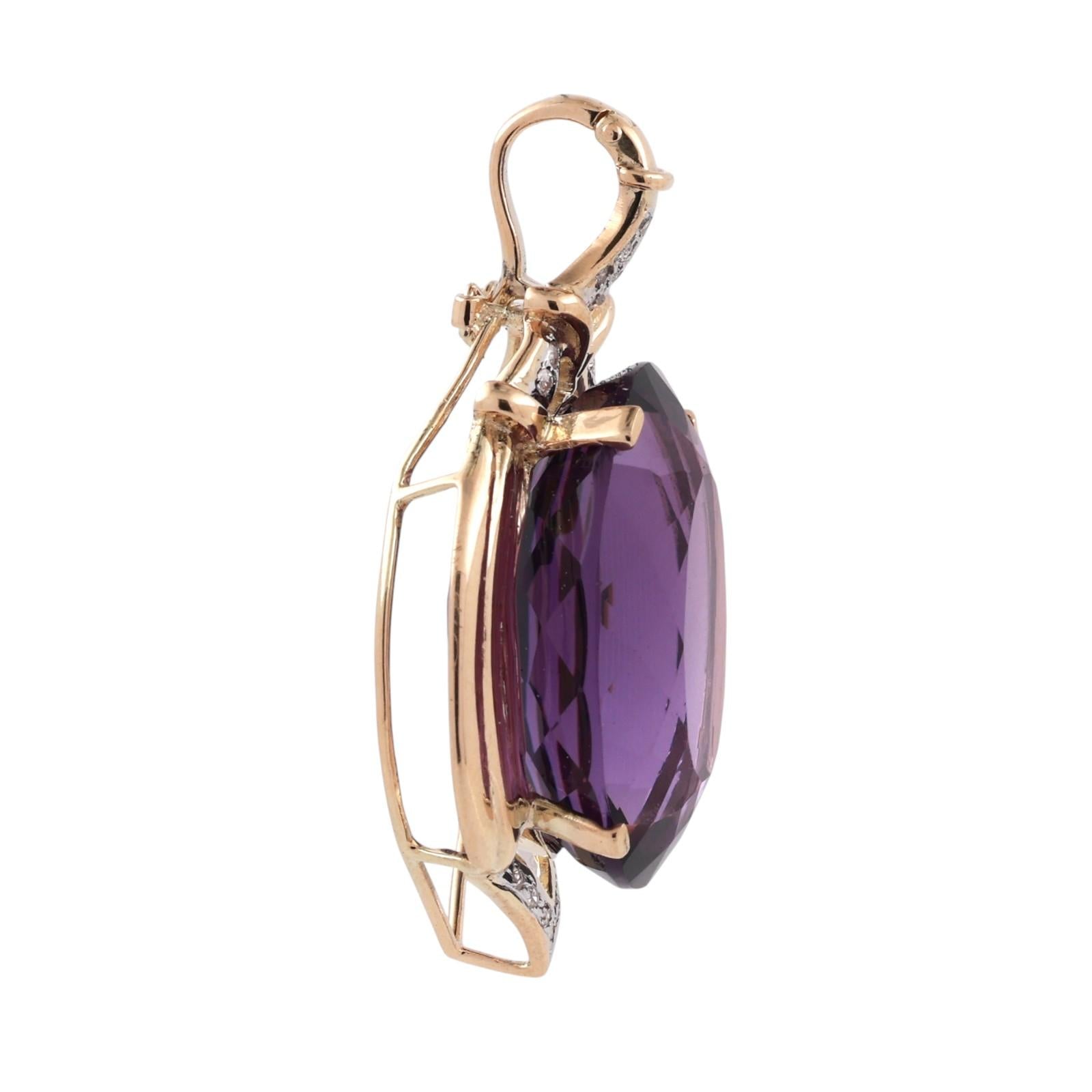 14K Two-Tone Gold 31.61CT Amethyst Diamond Pendant Large Oval Statement