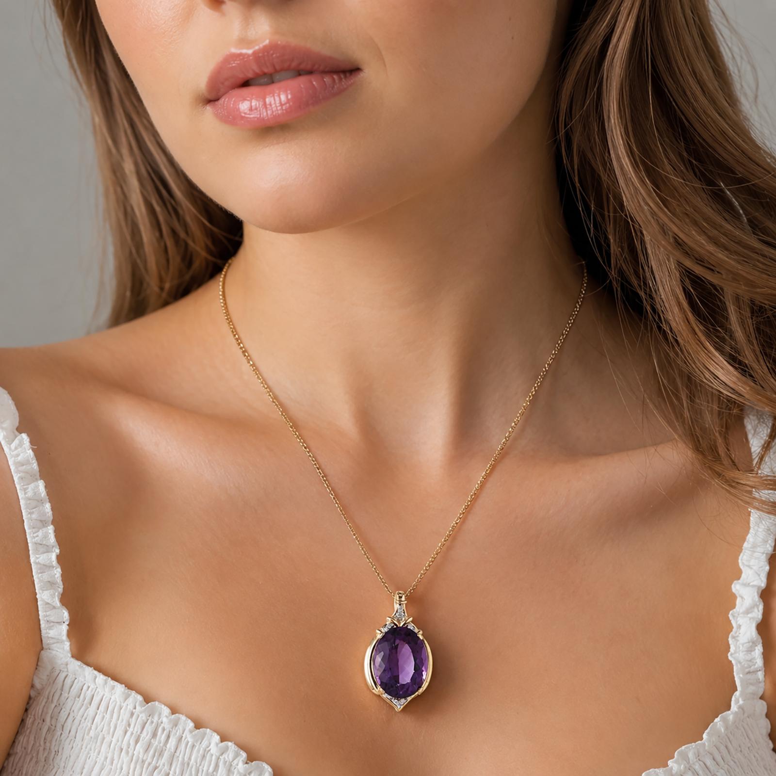 14K Two-Tone Gold 31.61CT Amethyst Diamond Pendant Large Oval Statement