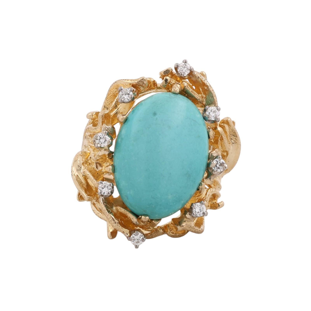 Vintage Brutalist Turquoise Diamond Statement Ring Two Tone Gold 0.25CTW Sz 5.25