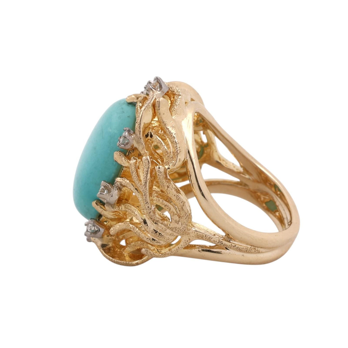 Vintage Brutalist Turquoise Diamond Statement Ring Two Tone Gold 0.25CTW Sz 5.25