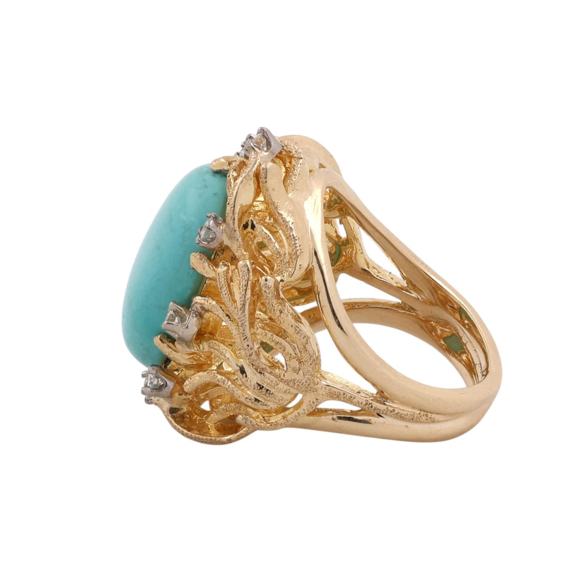 Vintage Brutalist Turquoise Diamond Statement Ring Two Tone Gold 0.25CTW Sz 5.25