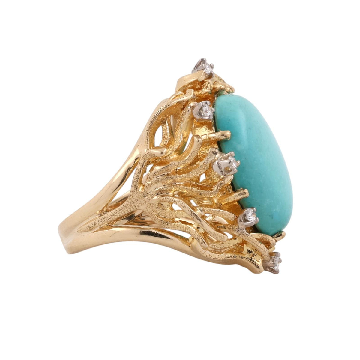 Vintage Brutalist Turquoise Diamond Statement Ring Two Tone Gold 0.25CTW Sz 5.25