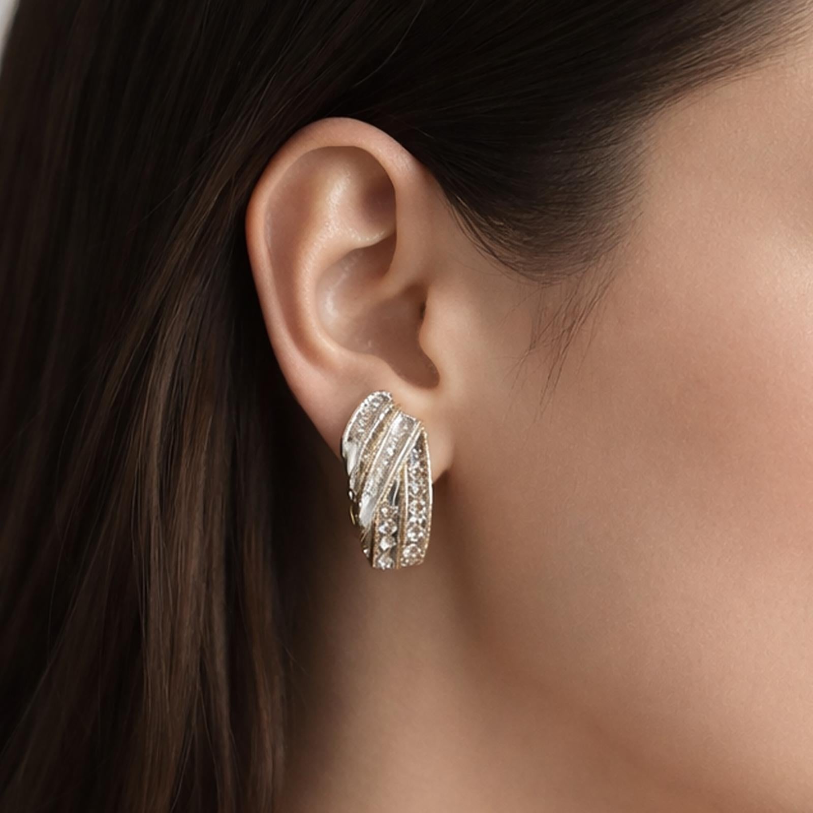 14K Two Tone Gold Diamond Earrings 1.50 CTW Round Baguette Omega Back Estate