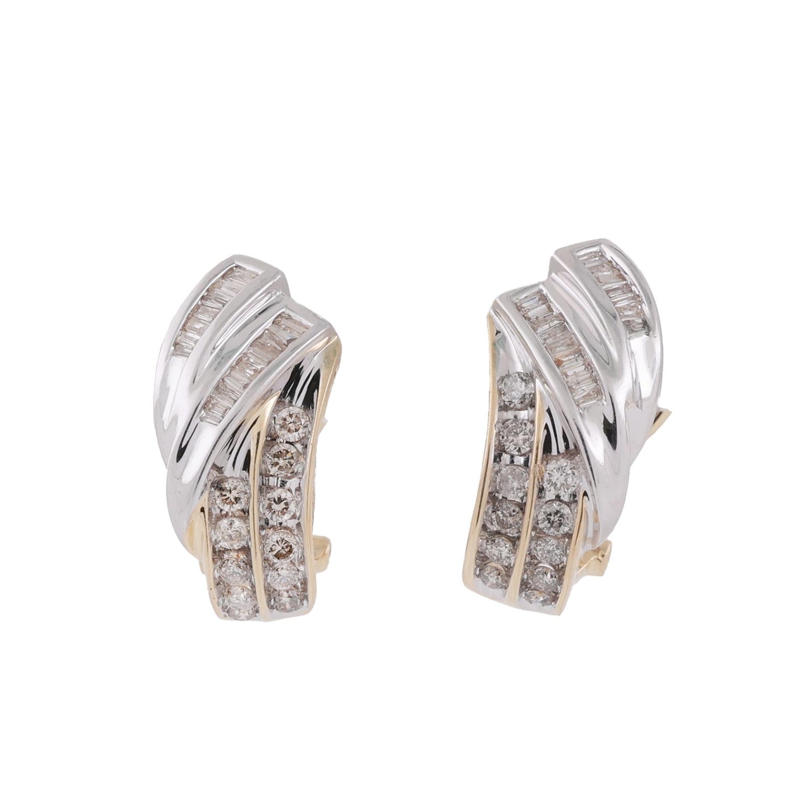 14K Two Tone Gold Diamond Earrings 1.50 CTW Round Baguette Omega Back Estate