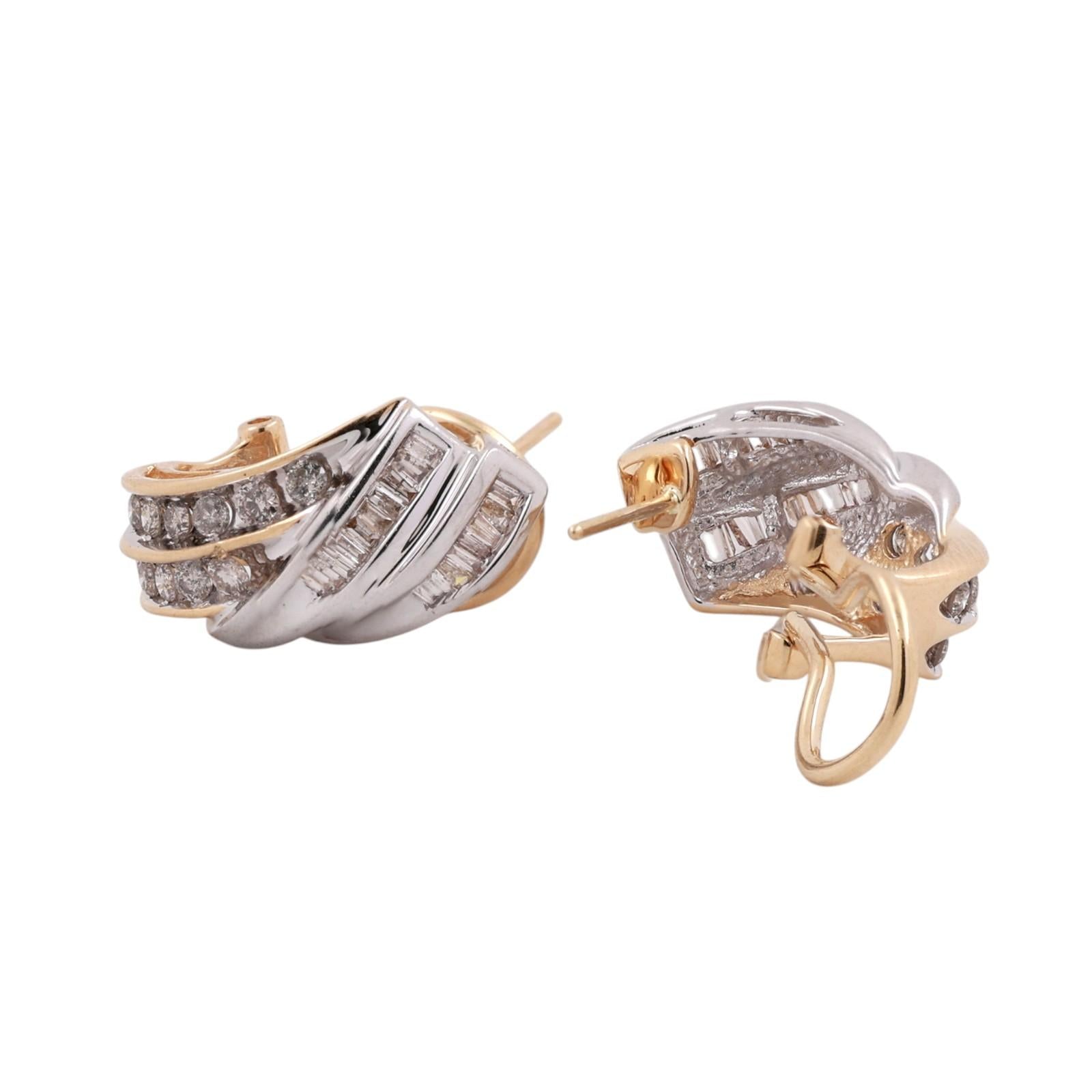 14K Two Tone Gold Diamond Earrings 1.50 CTW Round Baguette Omega Back Estate