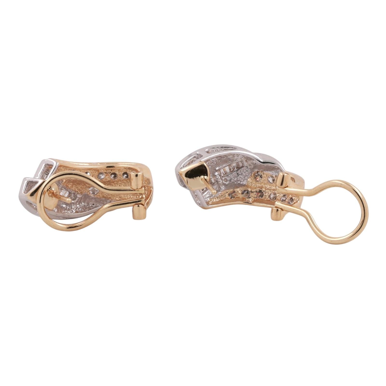 14K Two Tone Gold Diamond Earrings 1.50 CTW Round Baguette Omega Back Estate