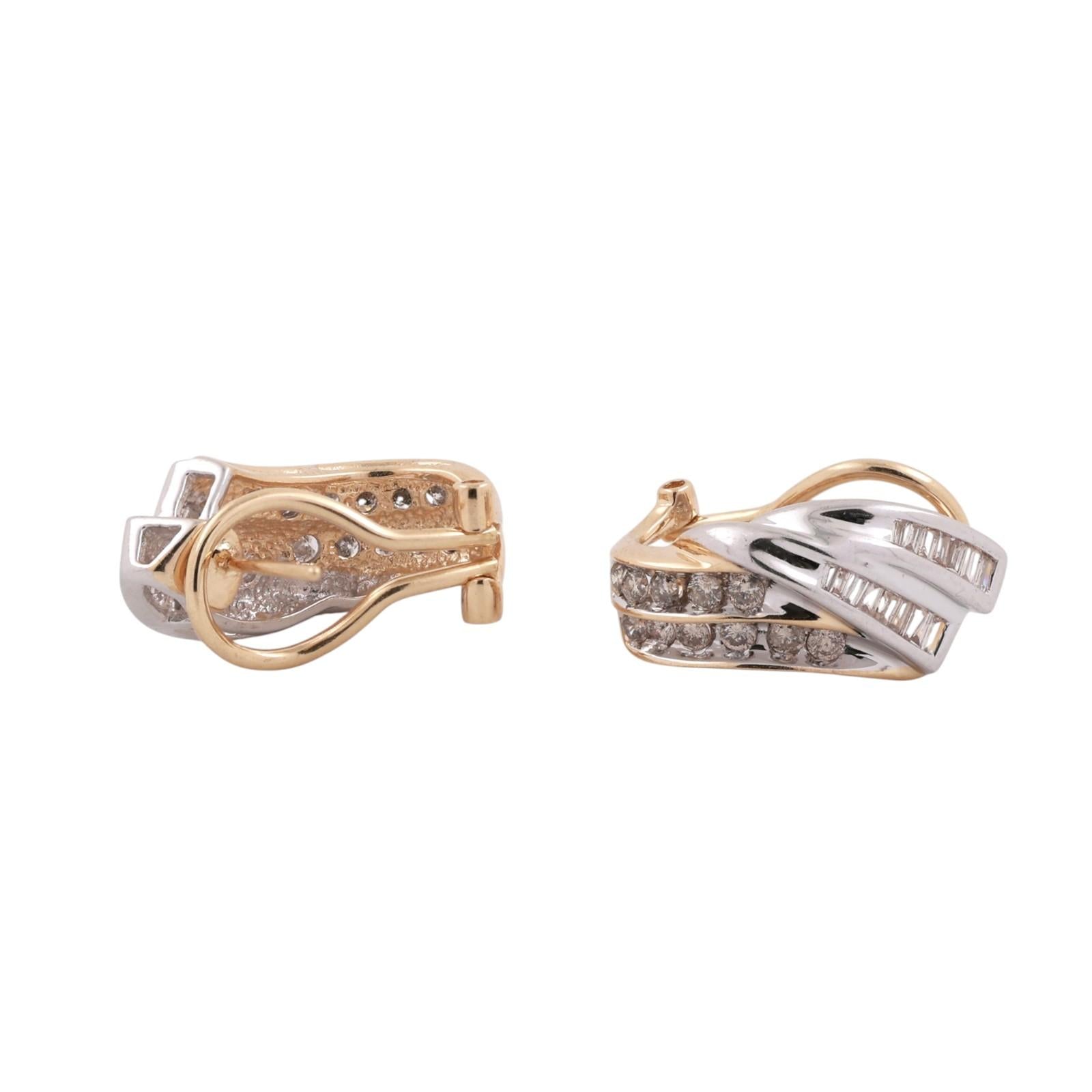 14K Two Tone Gold Diamond Earrings 1.50 CTW Round Baguette Omega Back Estate
