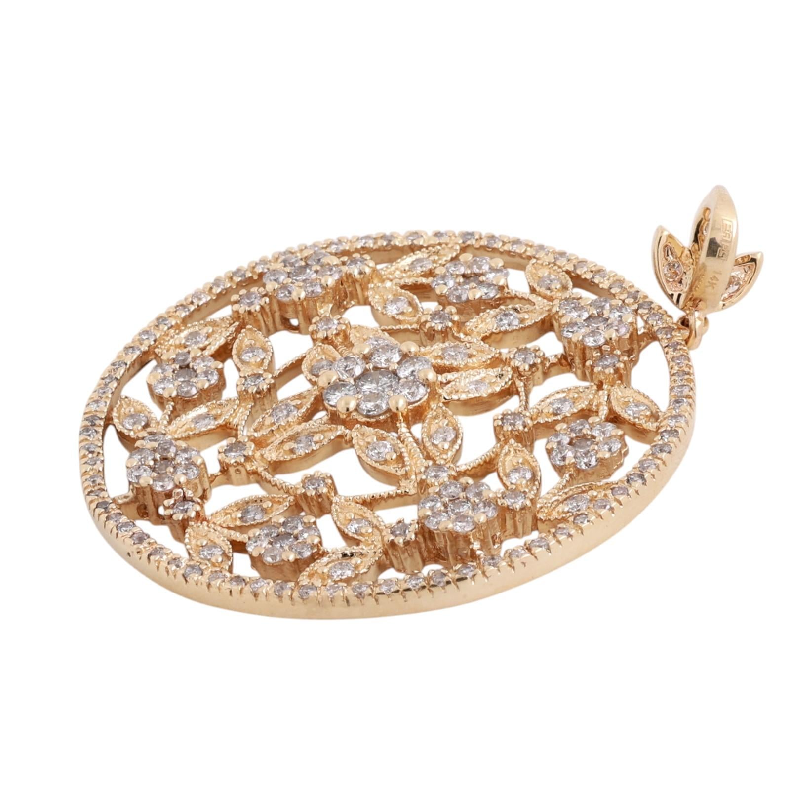 EFFY 14K Yellow Gold 2.40tw Diamond Floral Filigree Pendant 2.40 TW 1.75" Large
