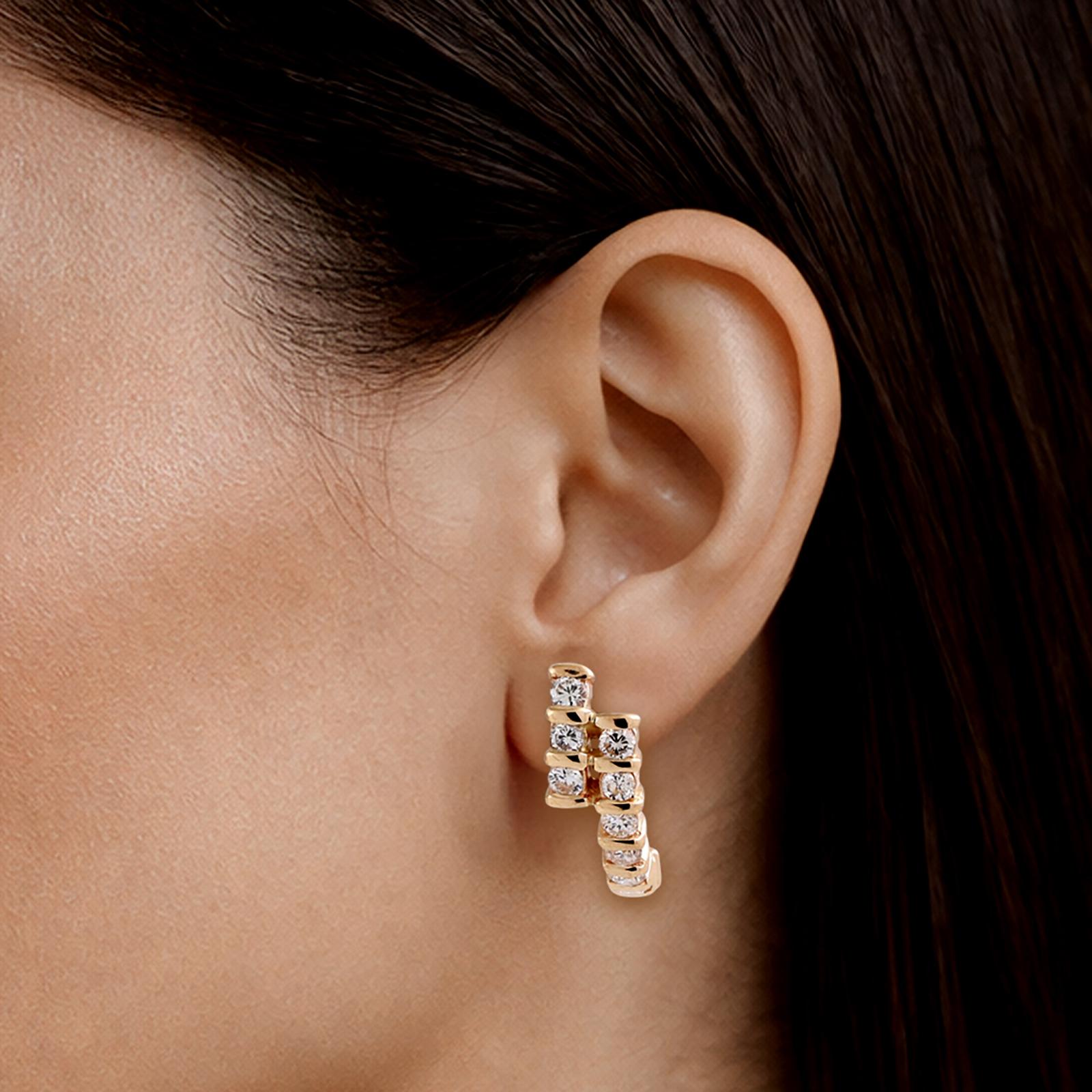 14K Yellow Gold Diamond Hoop Earrings 1.00ctw Half Hoop Bar Set