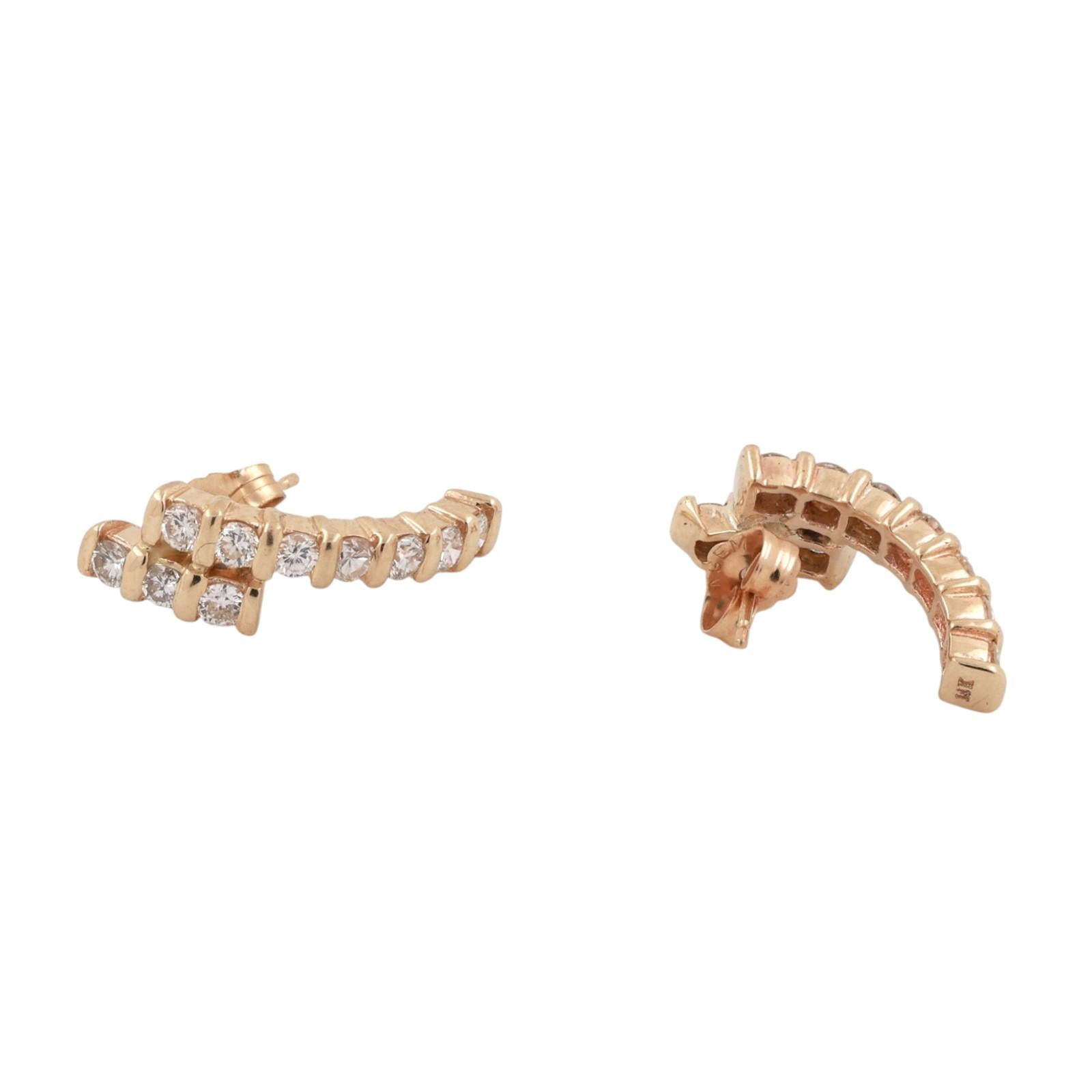 14K Yellow Gold Diamond Hoop Earrings 1.00ctw Half Hoop Bar Set