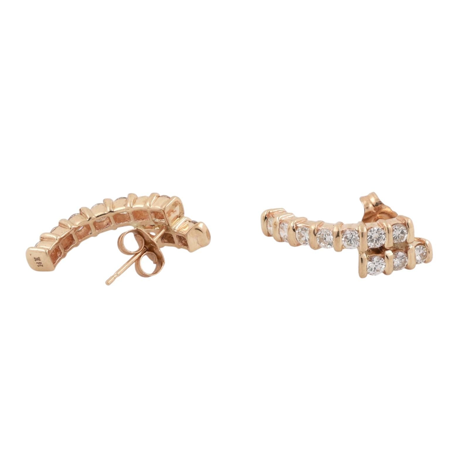 14K Yellow Gold Diamond Hoop Earrings 1.00ctw Half Hoop Bar Set