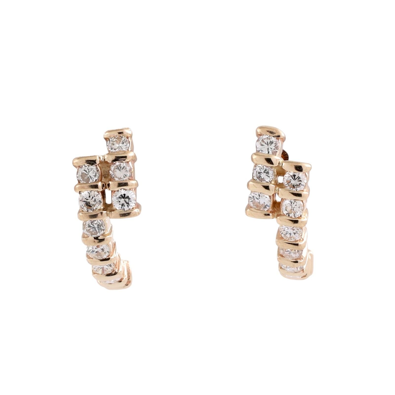 14K Yellow Gold Diamond Hoop Earrings 1.00ctw Half Hoop Bar Set