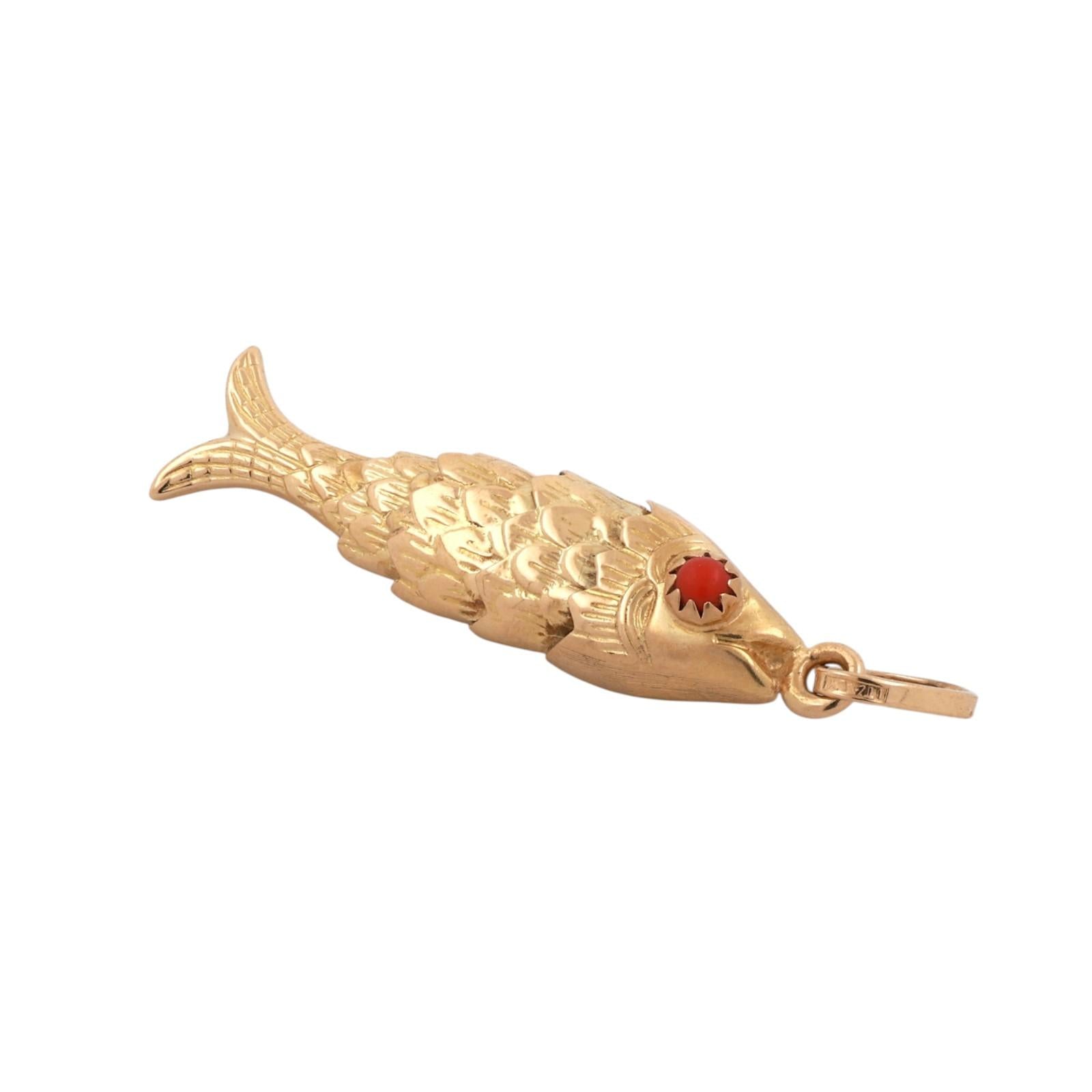 18K Yellow Gold Fish Charm Pendant Coral Gem Eye Accents Flexible 1.88" Estate