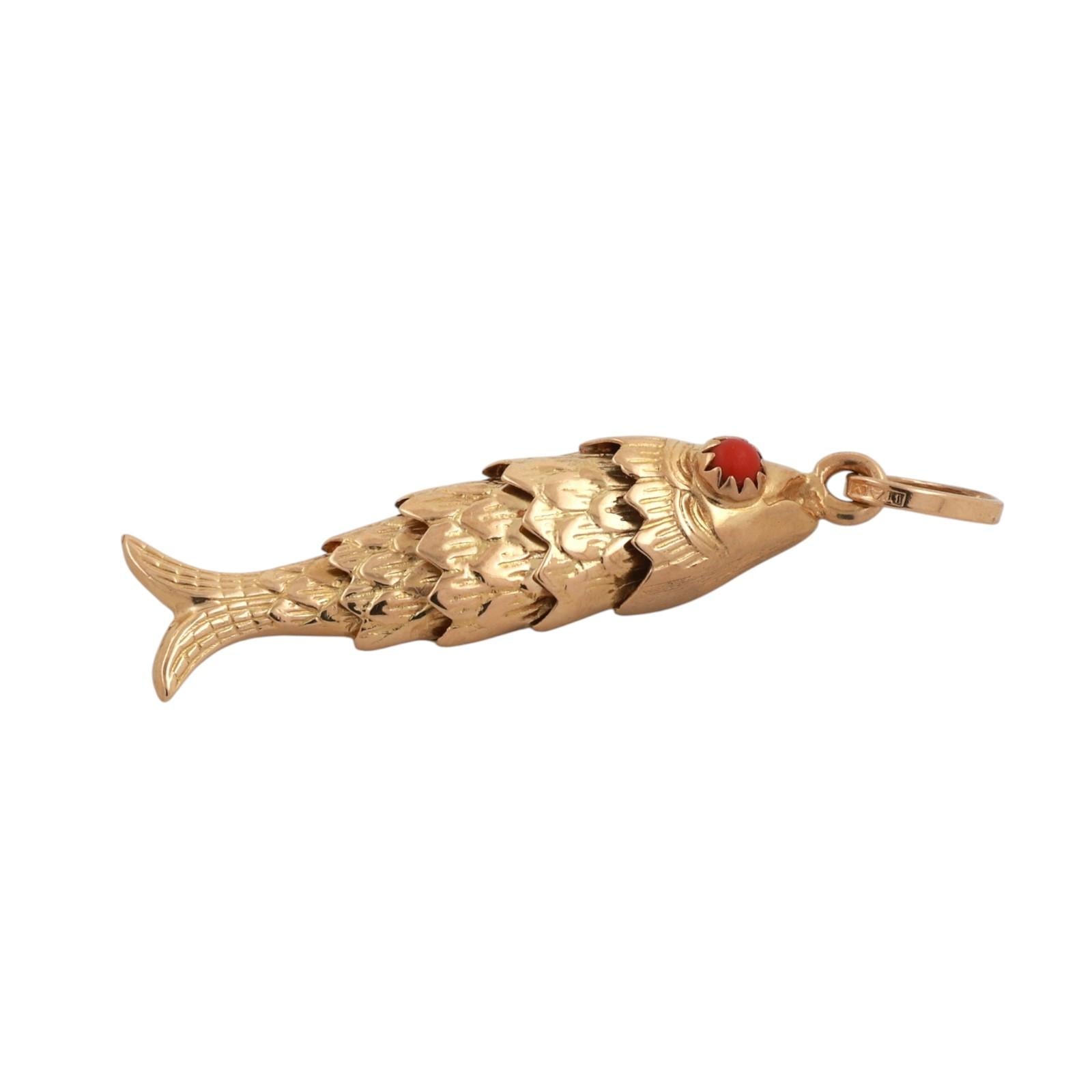 18K Yellow Gold Fish Charm Pendant Coral Gem Eye Accents Flexible 1.88" Estate